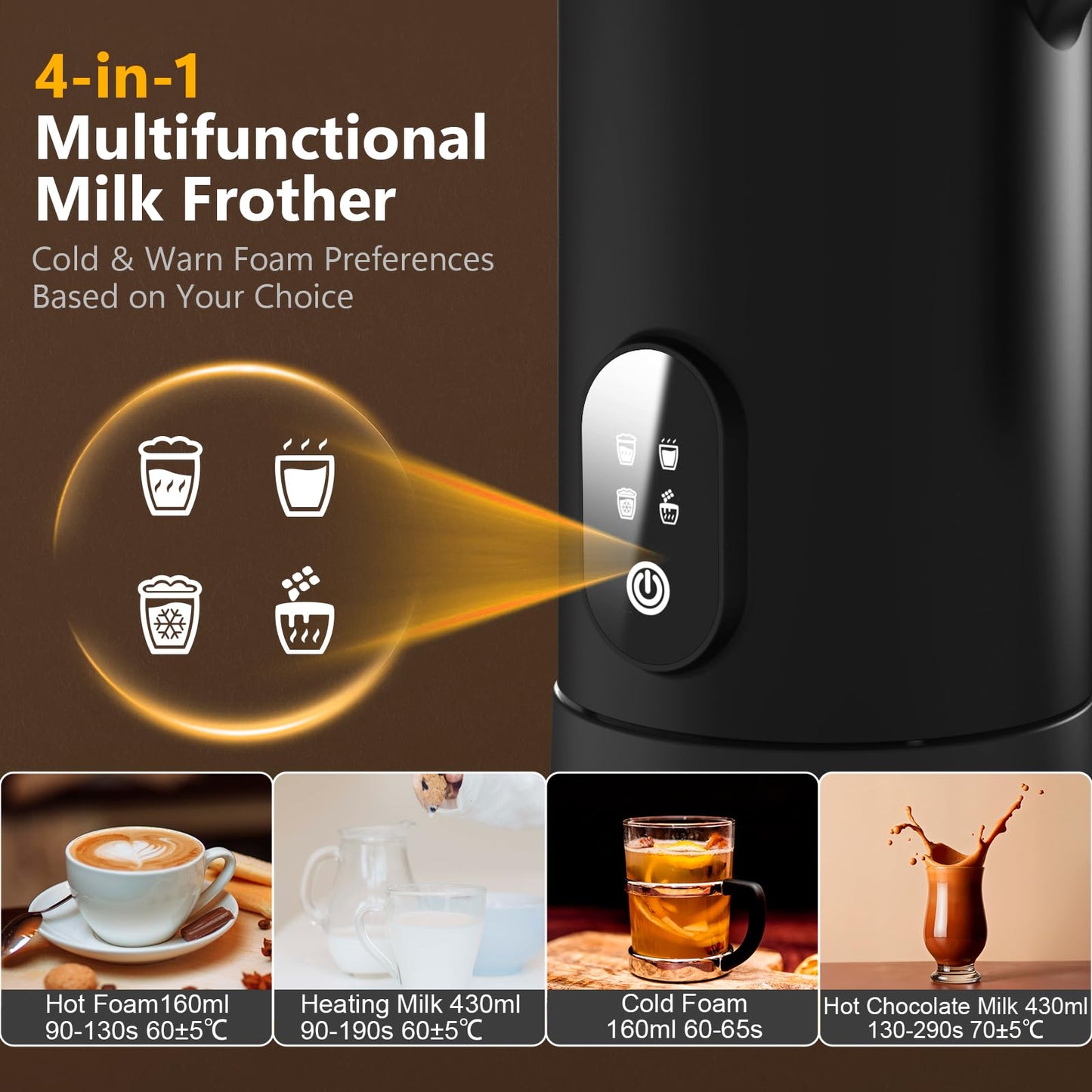 Milk Frother 4 in 1, [Upgraded 14.5 oz/430ml Capacity] 304 Stainless Steel Electric Milk Frother and Steamer with Cold & Hot Froth for Latte Cappuccino, Homtronics Automatic Coffee Foam Maker
