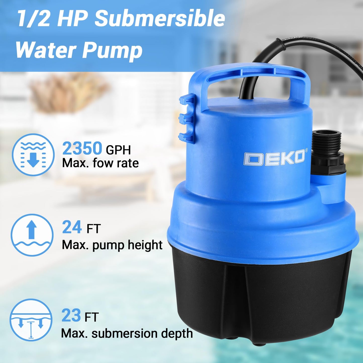 Sump Pump Submersible Water Pump: 1/2 HP Thermoplastic Portable Utility Pump 2350GPH High Flow Water Removal for Swimming Pool, Garden Pond, Basement with 25ft Long Power Cord