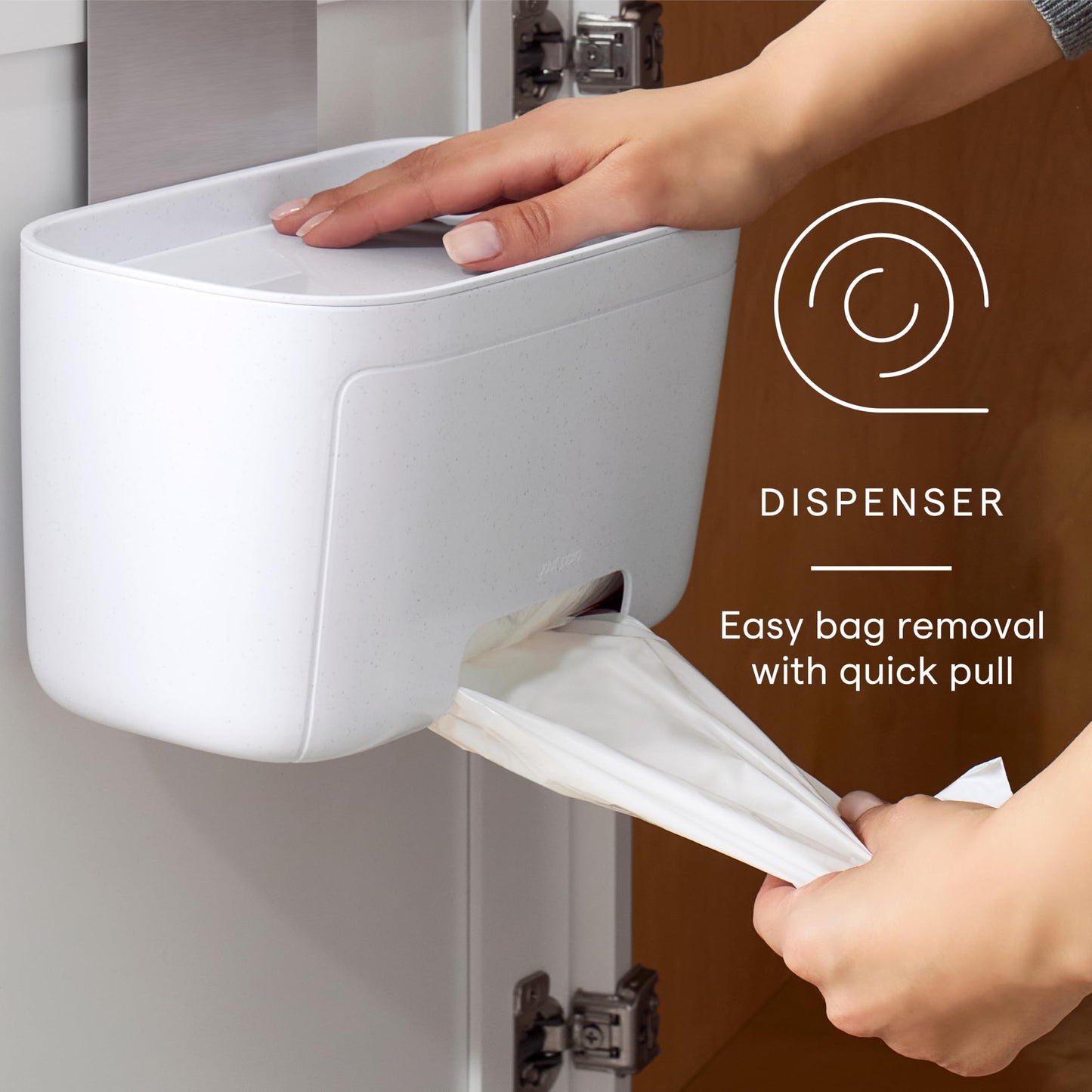 YouCopia DoorStash Garbage Bag Dispenser, Hanging Kitchen Cabinet Door Organizer with Removable Lid for Storage, Speckled White