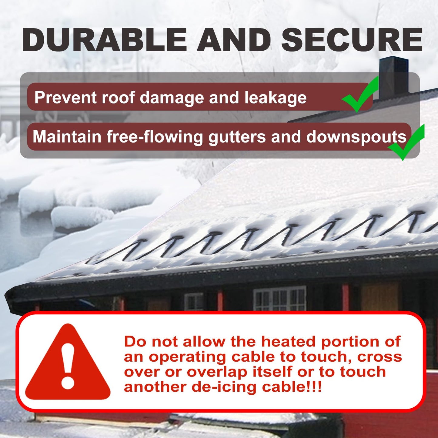 TOPDURE 60 feet Roof & Gutter Snow De-Icing Kit, 5W/ft Heat Tape for Roof and Gutters Ice Dam Prevention with 6 ft Power Cord, TDRD-300-1