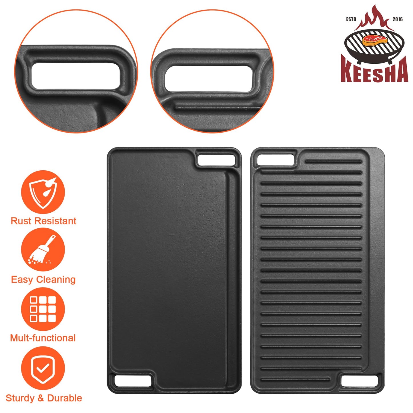 Cast Iron Griddle, Gas Stove Top Pan Heavy Duty Reversible Cooking Griddle for Grill, Camping, Indoor and Outdoor Cooking- 16.75" x 9.5"