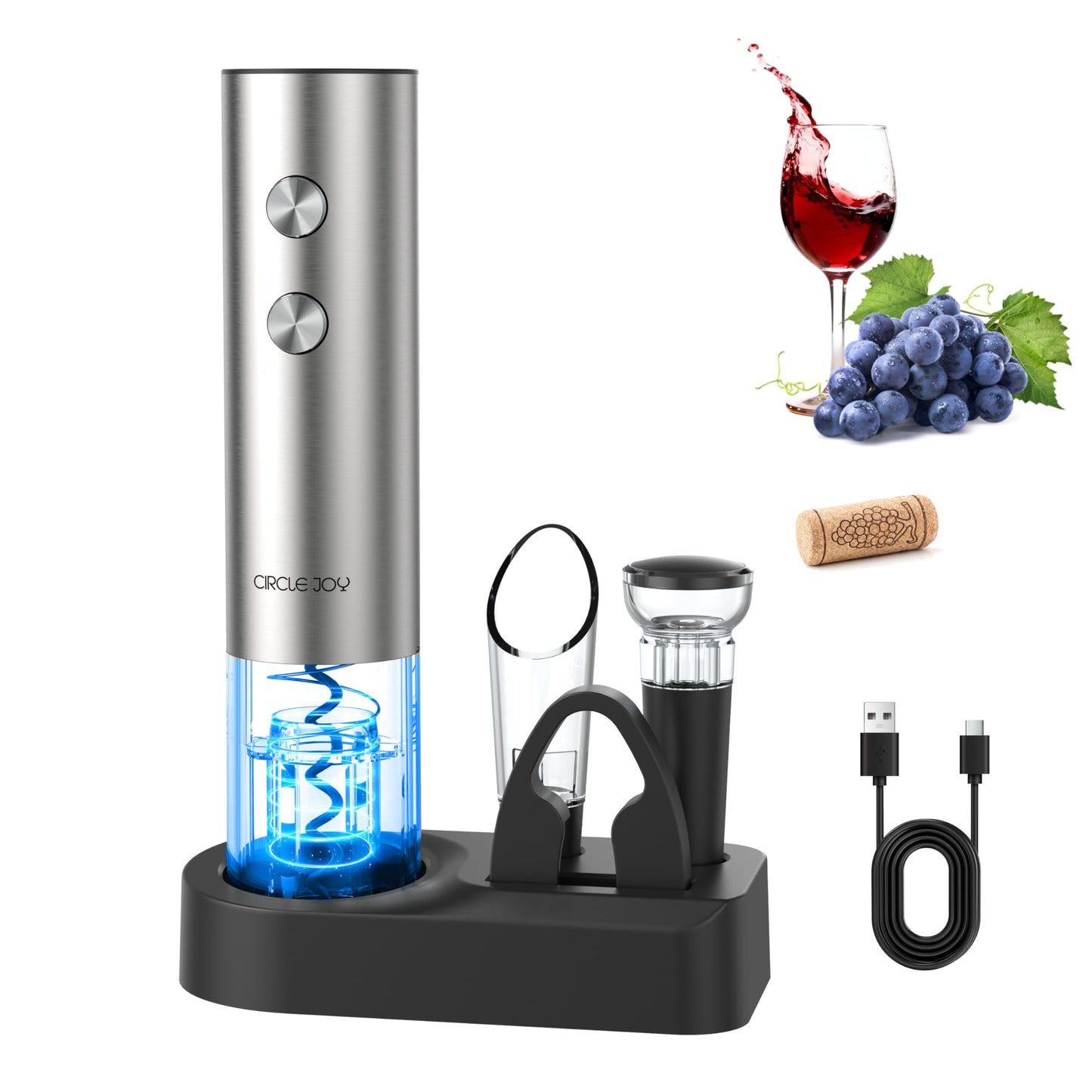 CIRCLE JOY 5-in-1 Electric Wine Opener Set, Stainless Steel Rechargeable Wine Corkscrew with Storage Base for Home Use/Ideal Gift, Foil Cutter, Wine Pourer, Vacuum Stoppers, Silver