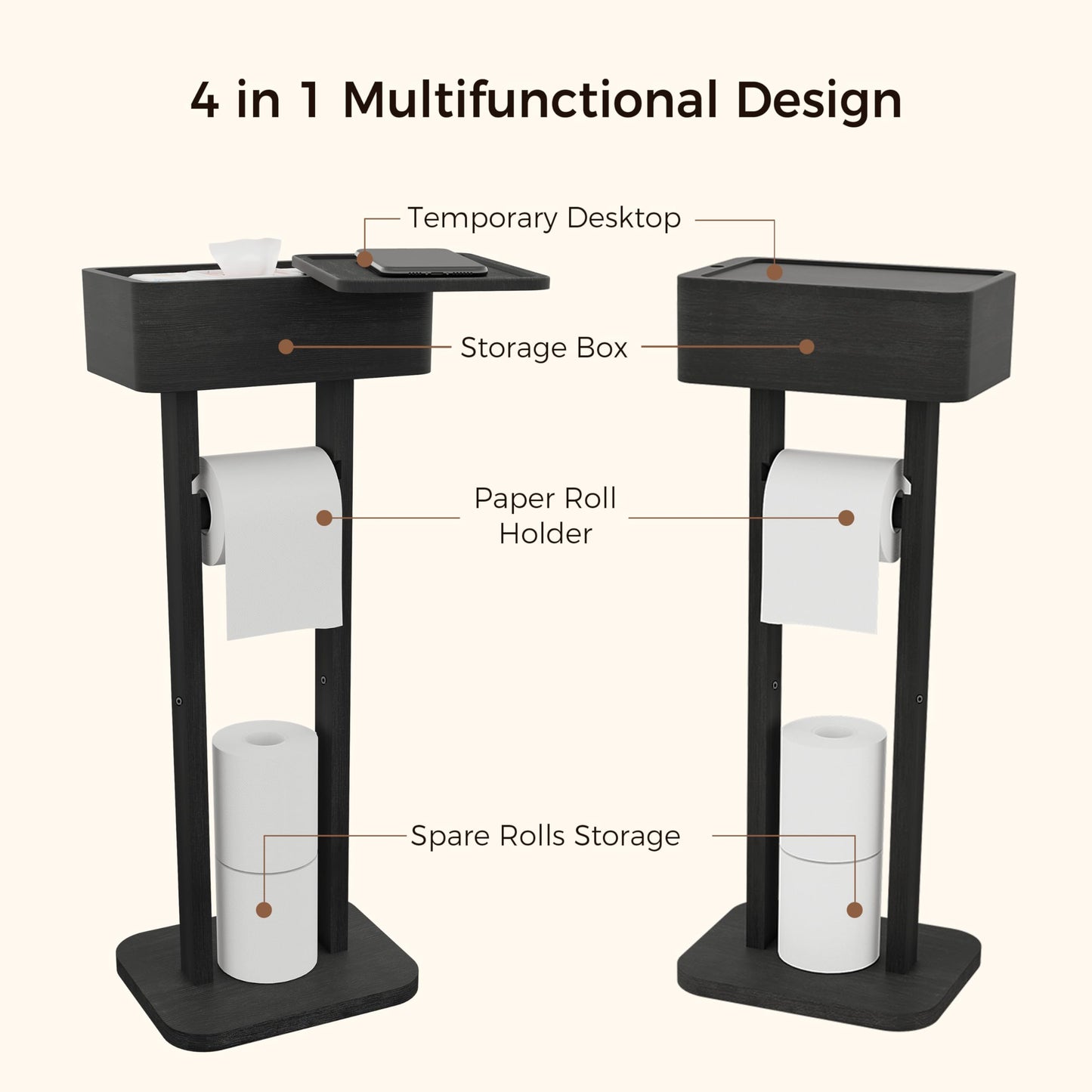 Wealone 4-in-1 Black Toilet Paper Holder Stand with Storage Shelf Box, Bamboo Free Standing Toilet Tissue Roll, Toilet Wipes Dispenser Organizer, Temporary Desktop for Bathroom (Patent Protection)