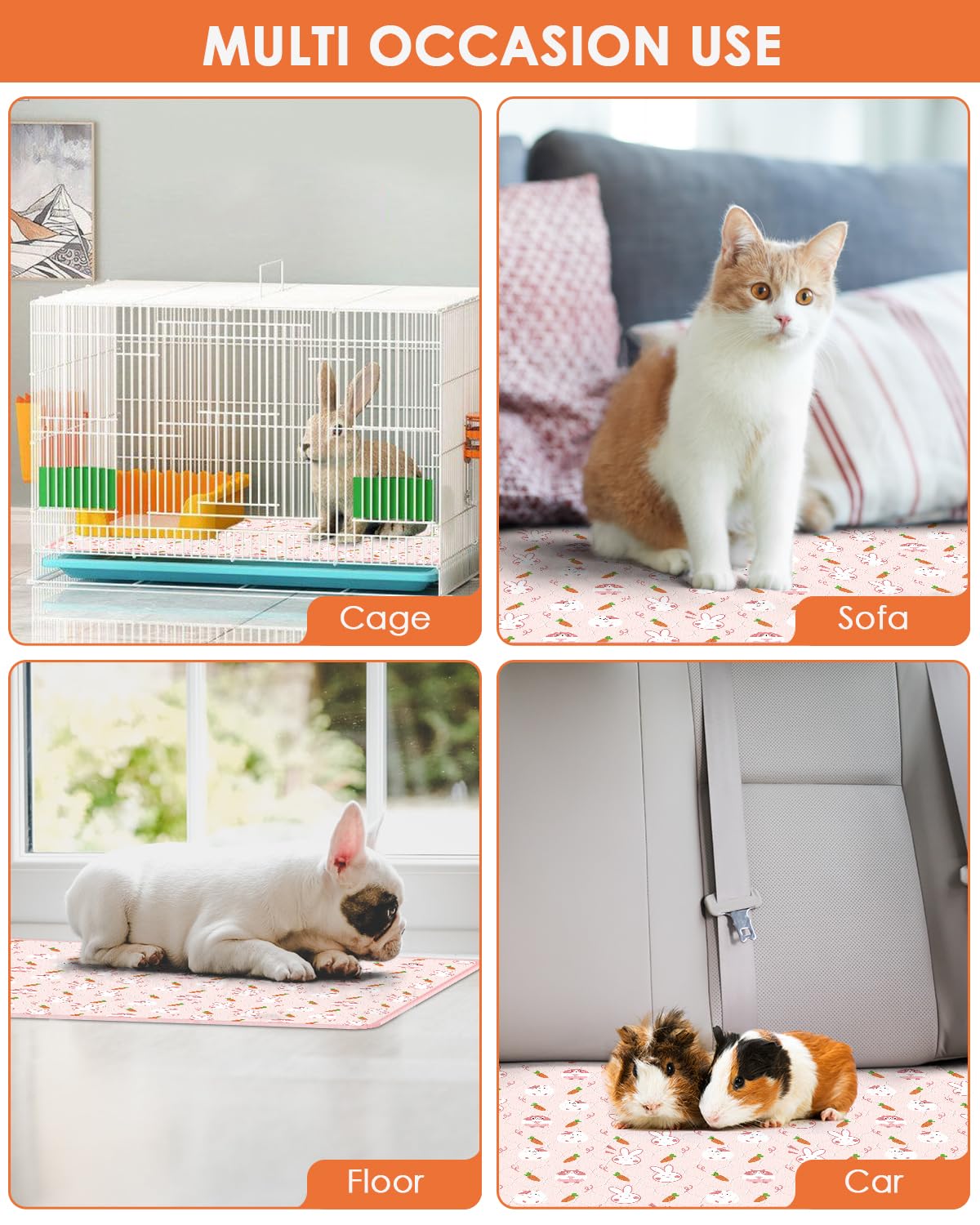 Bissap 4 Packs Guinea Pig Cage Liners, 47''X24'' Washable Guinea Pig Pee Pads Non Slip Reusable Fast and Super Absorbent Bedding for Small Animals Rabbit Hamster Chinchillas Rat - Pink