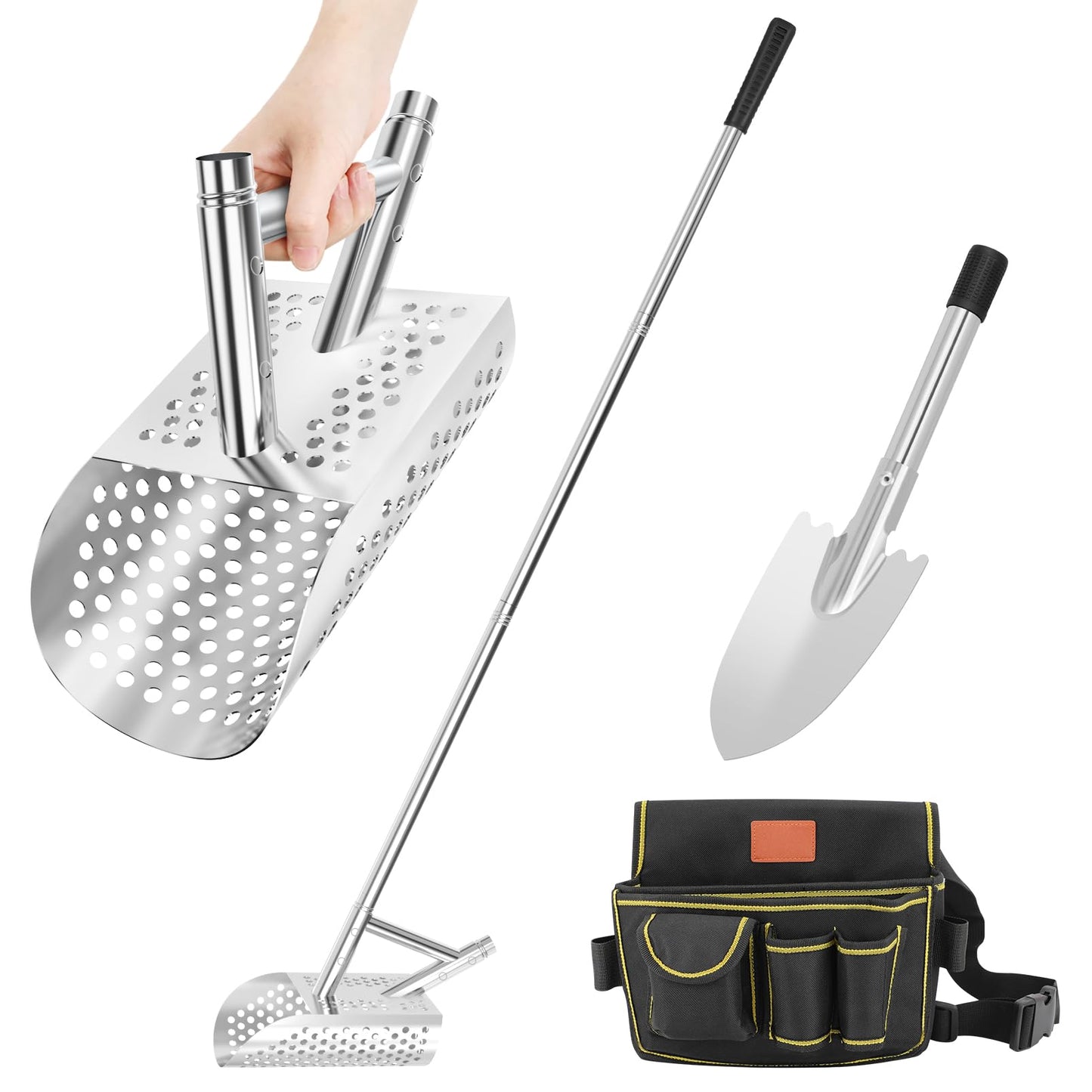 SAN LIKE Sand Scoop for Metal Detecting for Adult,Heavy Duty Metal Detector Scoop, Stainless Steel Beach Shovel,Detecting Tool,T Digging Shovel Fast Sifting Shovel（Bag + Sand Scoop+Sand Shovel）