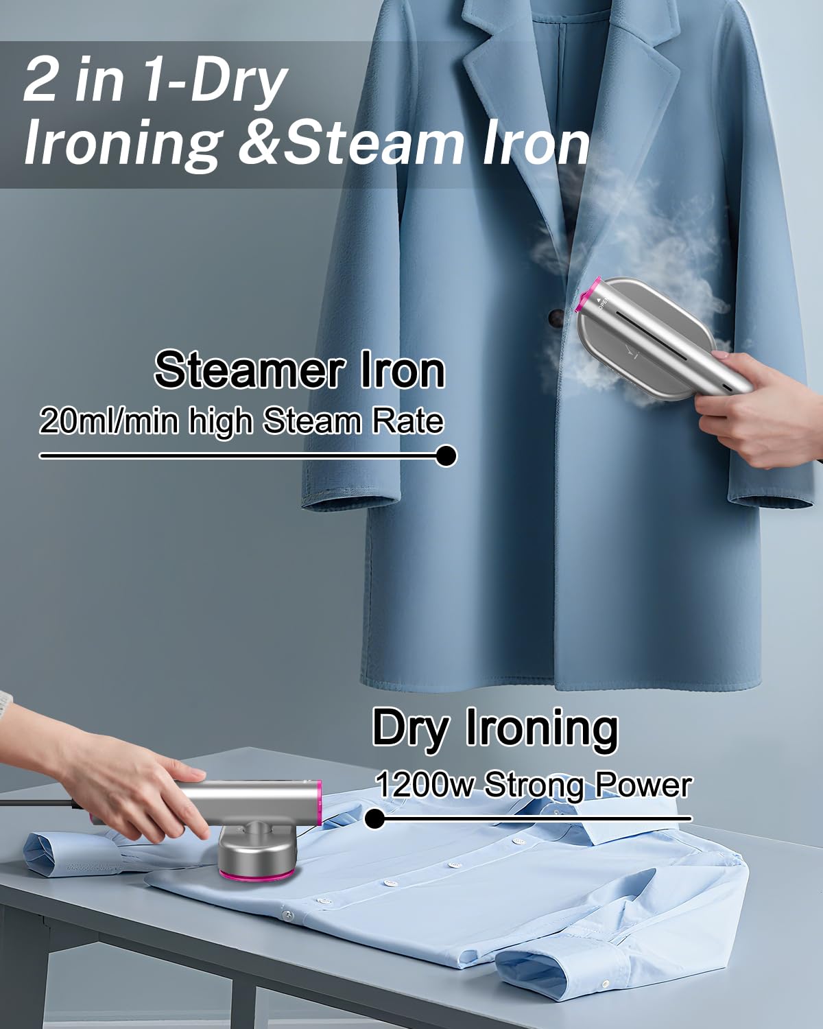 ELORTI Steamer Clothes, 1200W Travel Steamer with 10s Heat-Up, 2-in-1 Handheld Steam Iron ALL Fabrics, Compact Portable Garment Steamer for Travel and Home Use -Purple, 110-120V