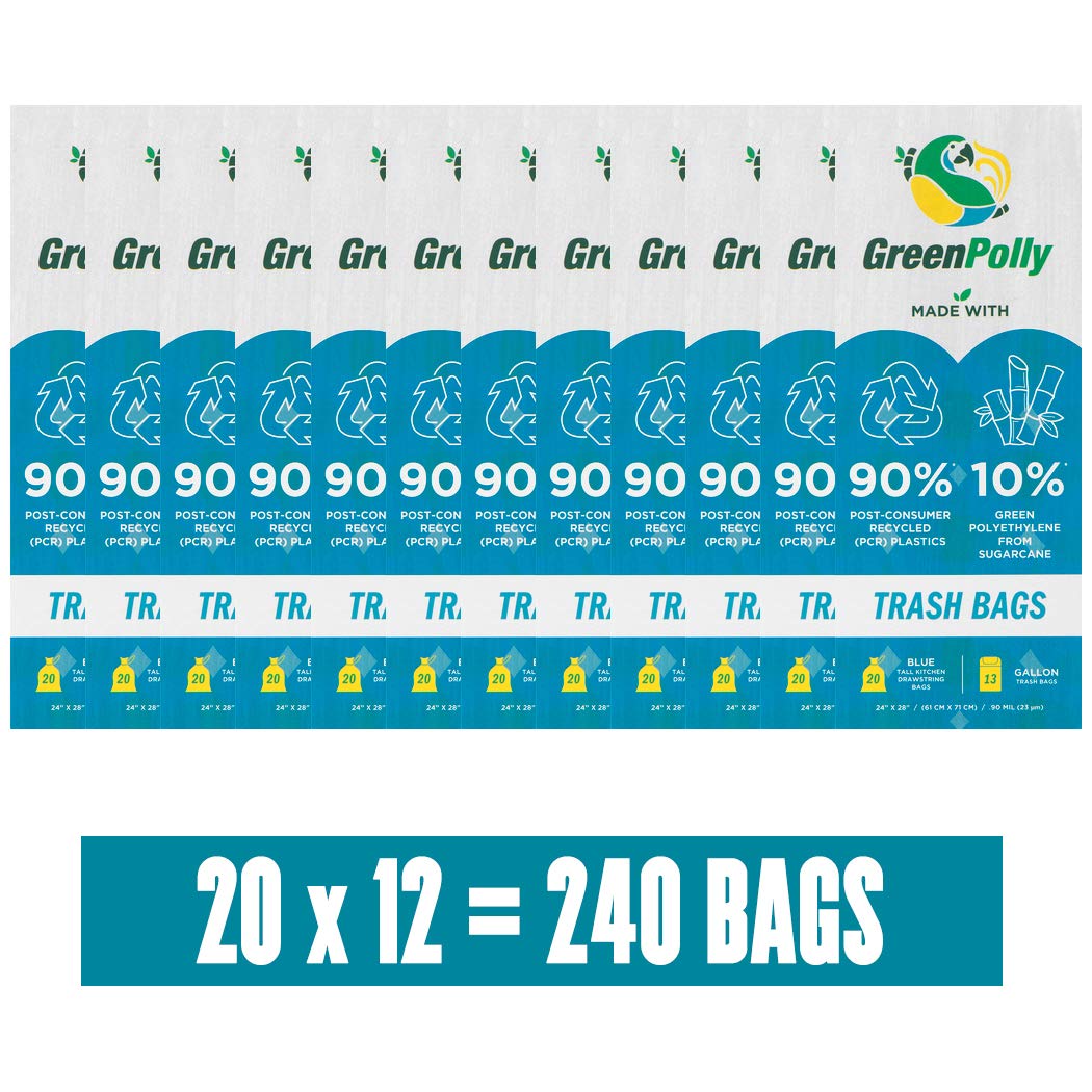 GreenPolly Clear Tall Kitchen Recycling Bags with Drawstring, 13 Gallon, 240 Count, Made from Recycled and Renewed Material, Heavy Duty and Durable
