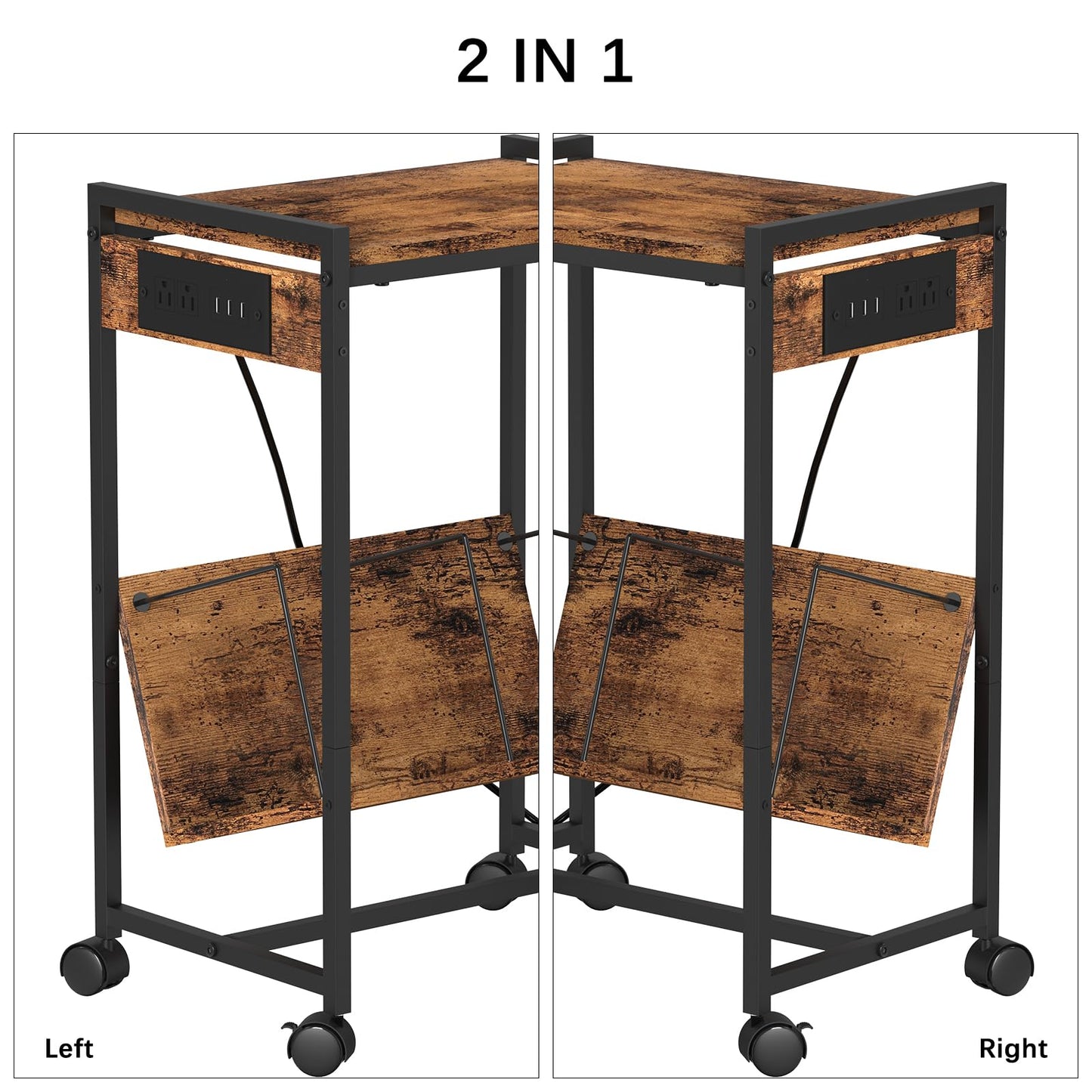 Printer Stand 2-Tier Printer Cart with Storage Shelves Printer Table with Charging Station Rolling Printer Shelf on Wheels Industrial Printer Holder Stand End Table Side Table for Home Office, Brown