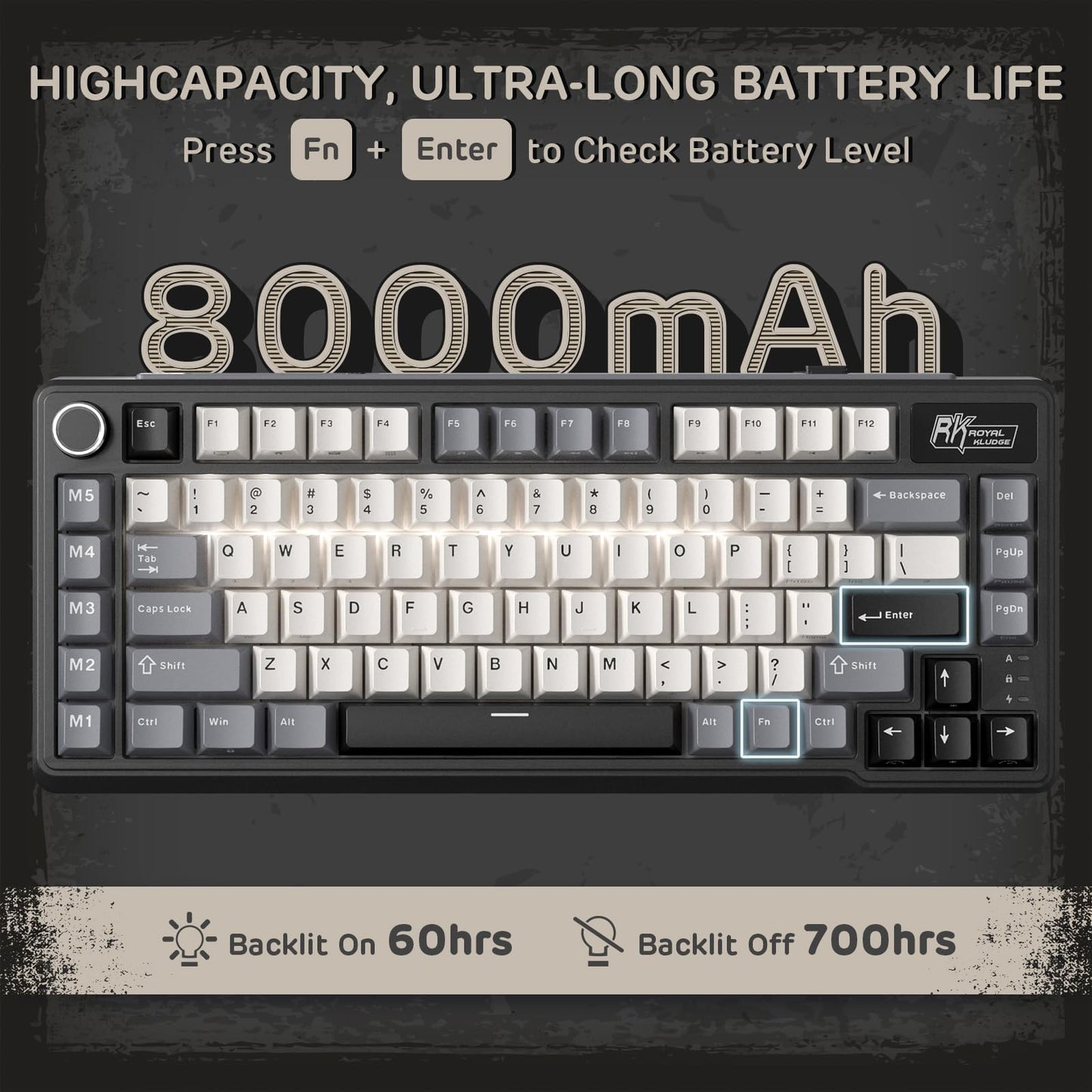 RK ROYAL KLUDGE L75 Gasket Mount Mechanical Keyboard w/Knob/Macro Keys & Touchable Nameplate, Tri-Mode 75% TKL Wireless Keyboard BT/2.4G/USB-C, Hot Swappable, Pro Software, Massive 8000mAh Battery