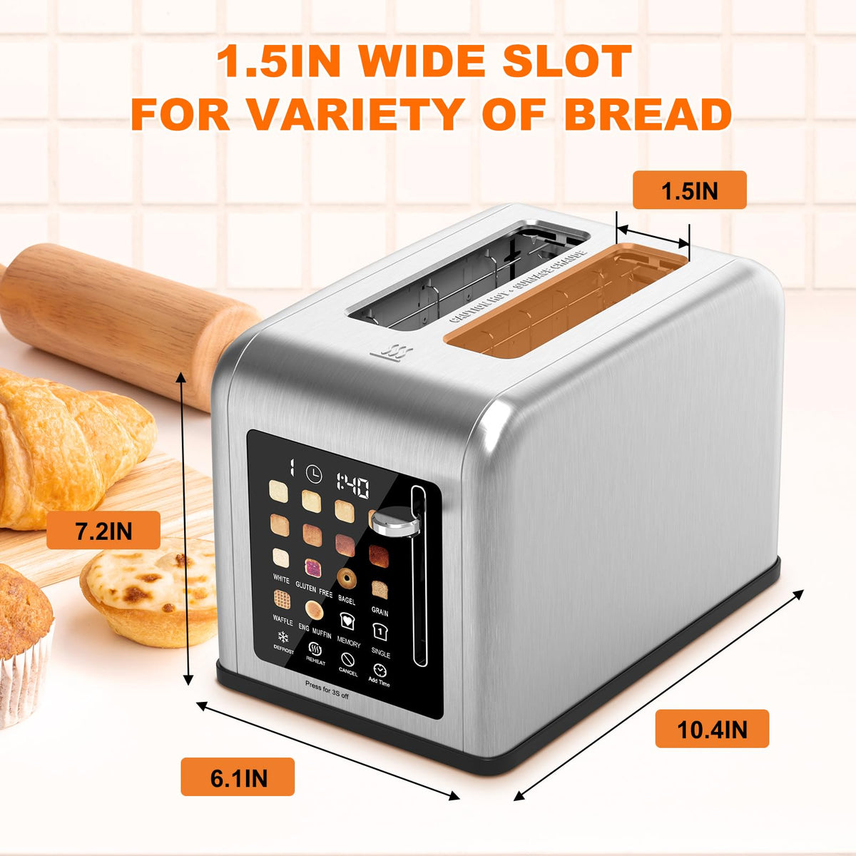Touch Screen Toaster 2 Slice, Stainless Steel Toasters Digital Timer, Dual Control Panel Toasters, 8 Shade Settings 6 Bread Types for Bagel, Cancel, Defrost