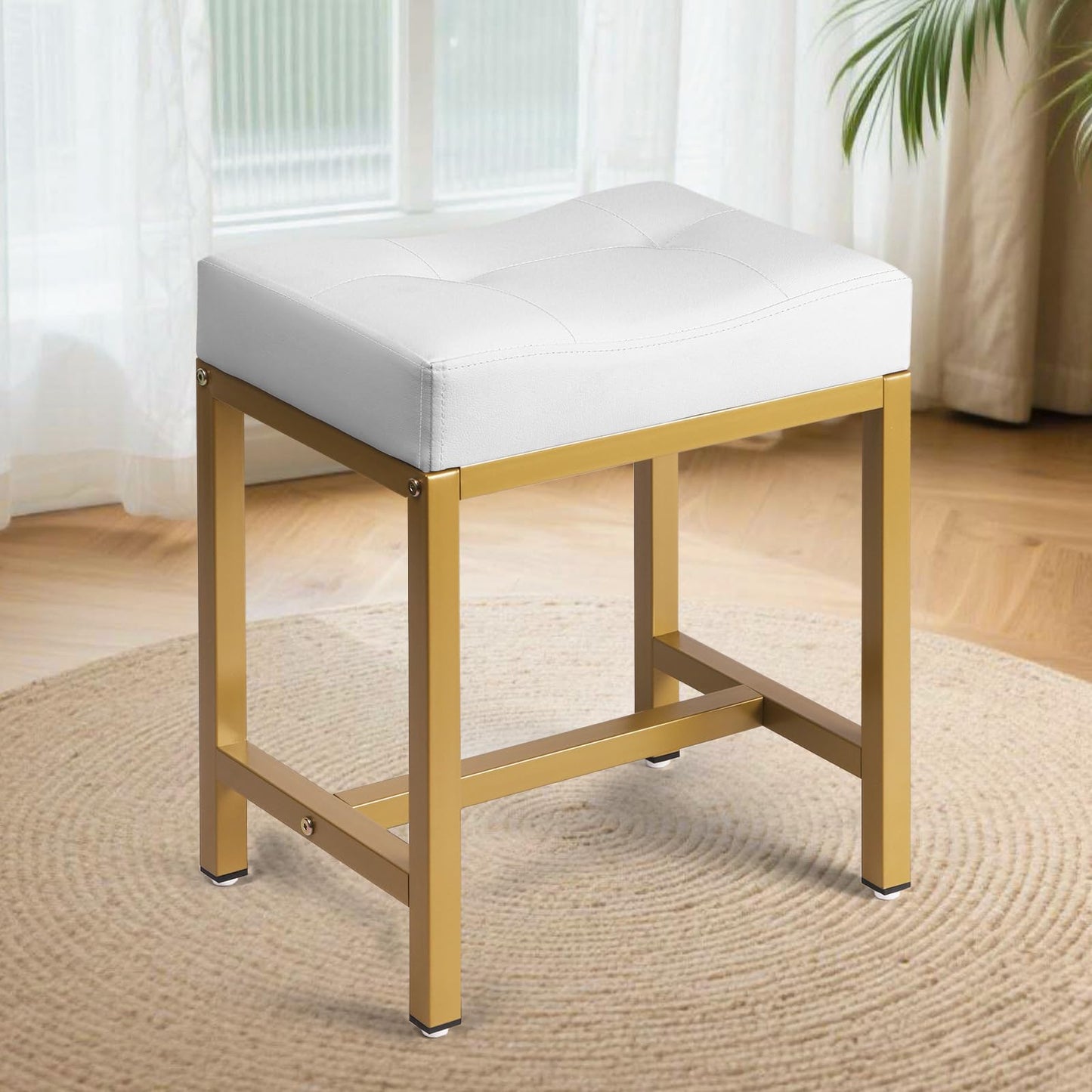 Saddle Seat Vanity Stool, Makeup Stool Chair with Metal Leg, U-Shaped PU Ottoman Foot Rest Stool, Small Square Chairs Under Desk for Vanity, Living Room, Bedroom, Modern Makeup Bench White&Gold