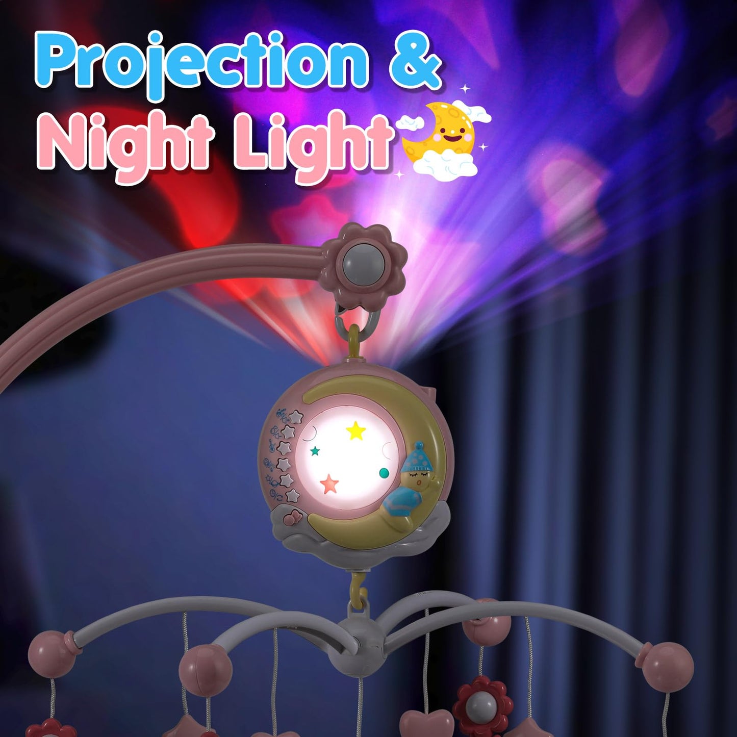 BOBXIN Baby Musical Crib Mobile for Bassinet with Projector and Night Light,150 Music,Timing Function,Take Along Mobile Music Box and Rattle,Toy for Newborn Girls Boys 0-12 Months
