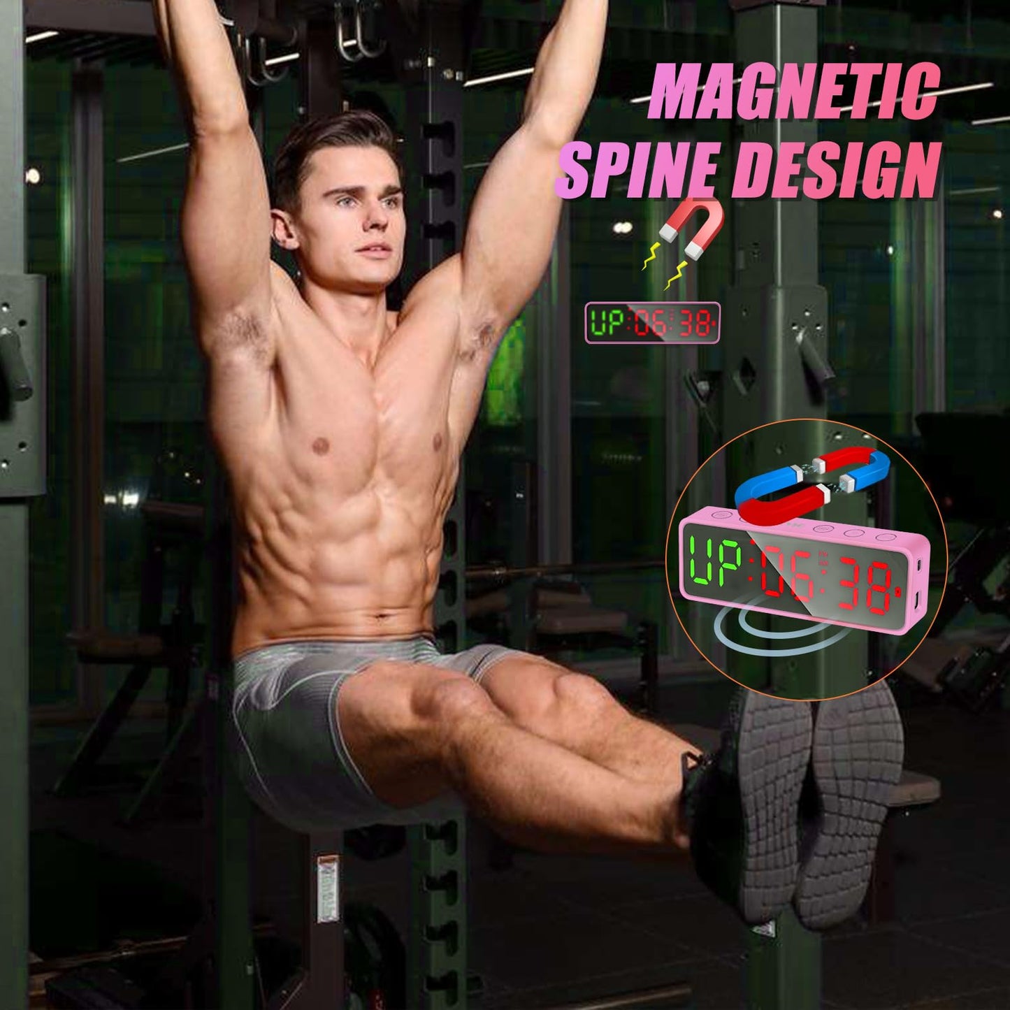 Small Gym Timer Clock Stopwatch Magnetic Workout Interval Timer, Large LED Digital Display, Home Accessories Countdown Clock for Home Gym Garage Schools (Matte Pink)