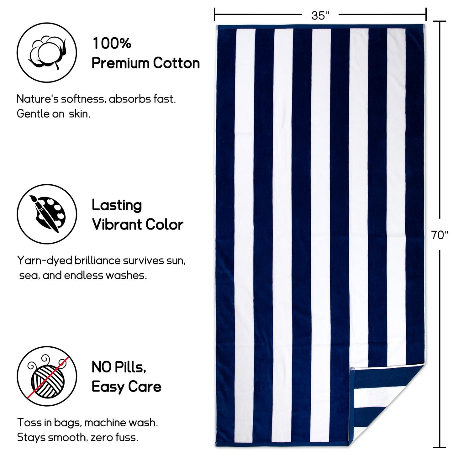 Ouxiaobai Cotton Oversized Beach Towel - 180 x 90 CM Striped Pool Towel, Soft Velour Cabana Swim Towel