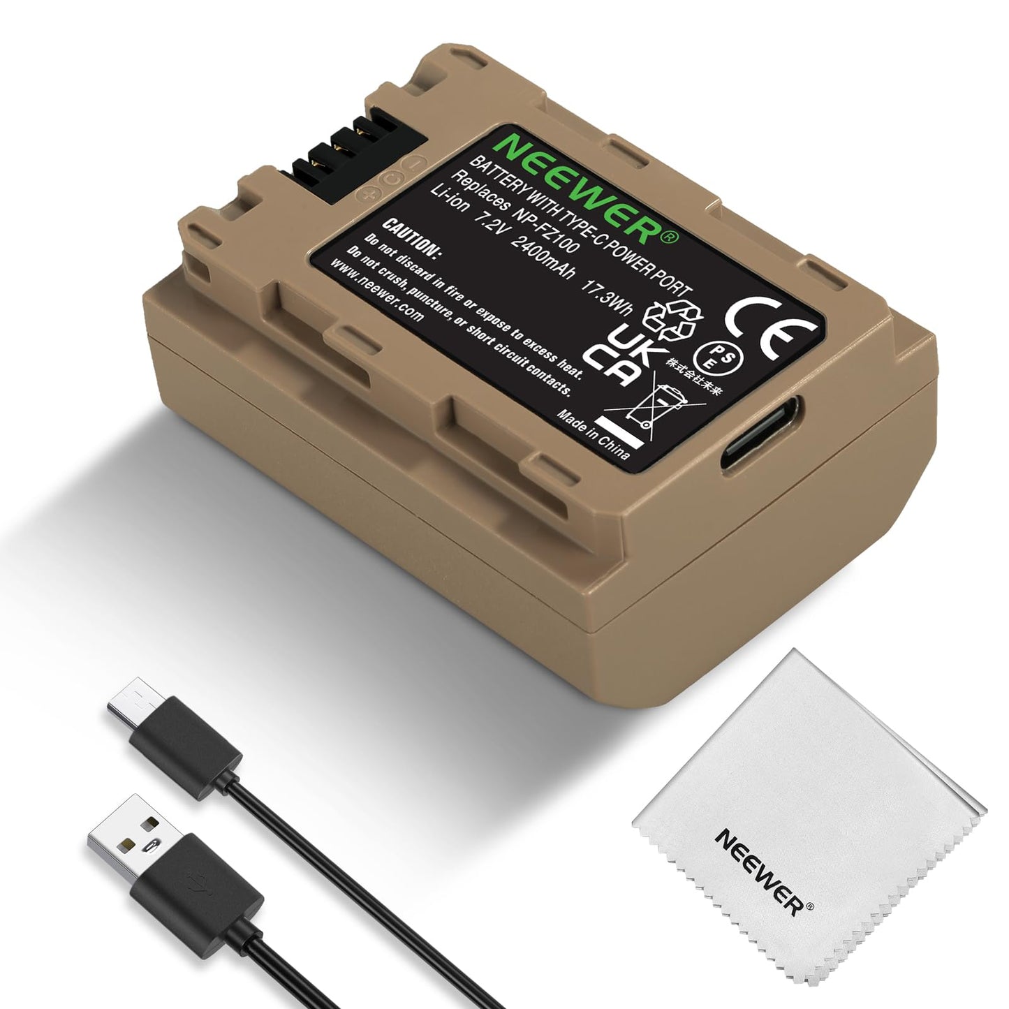 NEEWER NP-FZ100 Replacement Battery, 2400mAh Type C 2.5Hrs Fast Charging with USB Type C Cable, Cleaning Cloth, Compatible with Sony A7RV A7SIII A7IV ZV-E1 FX3 FX30 A1 A9 A9II A6700 A6600 A7C A7CII