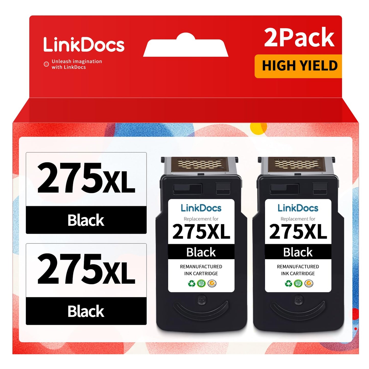 LinkDocs 275XL Remanufactured Ink Cartridge Replacement for Canon 275XL 275 PG-275XL Ink Cartridges Work for Canon PIXMA TS3522 TR4720 TS3520 TR3700 Printer (2 Black)