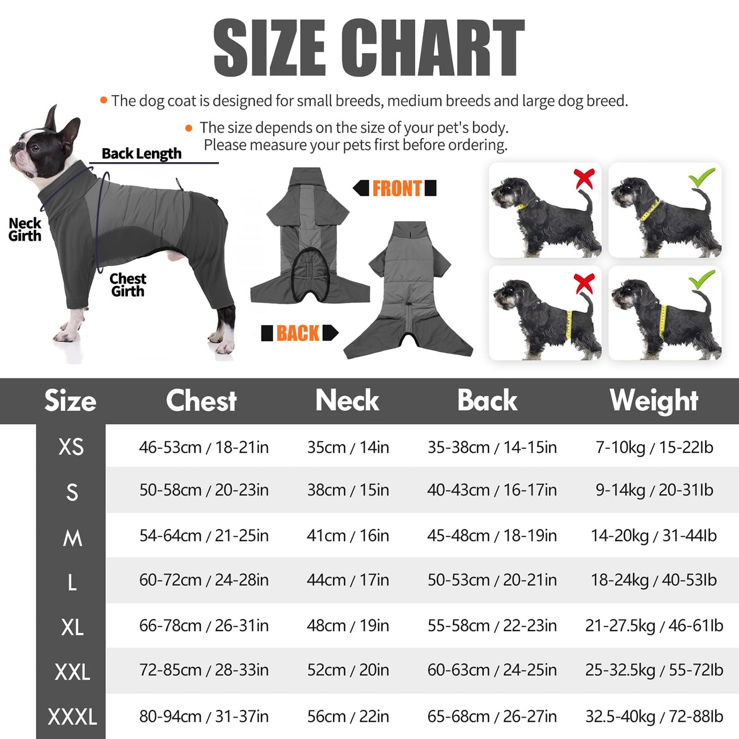 BRKURLEG Full Body Dog Winter Coat Warm Fleece Pullover Pajamas, Four Legs Covered Windproof Dog Jacket for Small to Large Dogs, Turtleneck Dogs Snowsuit, Pet Cold Weather Clothes, Grey M