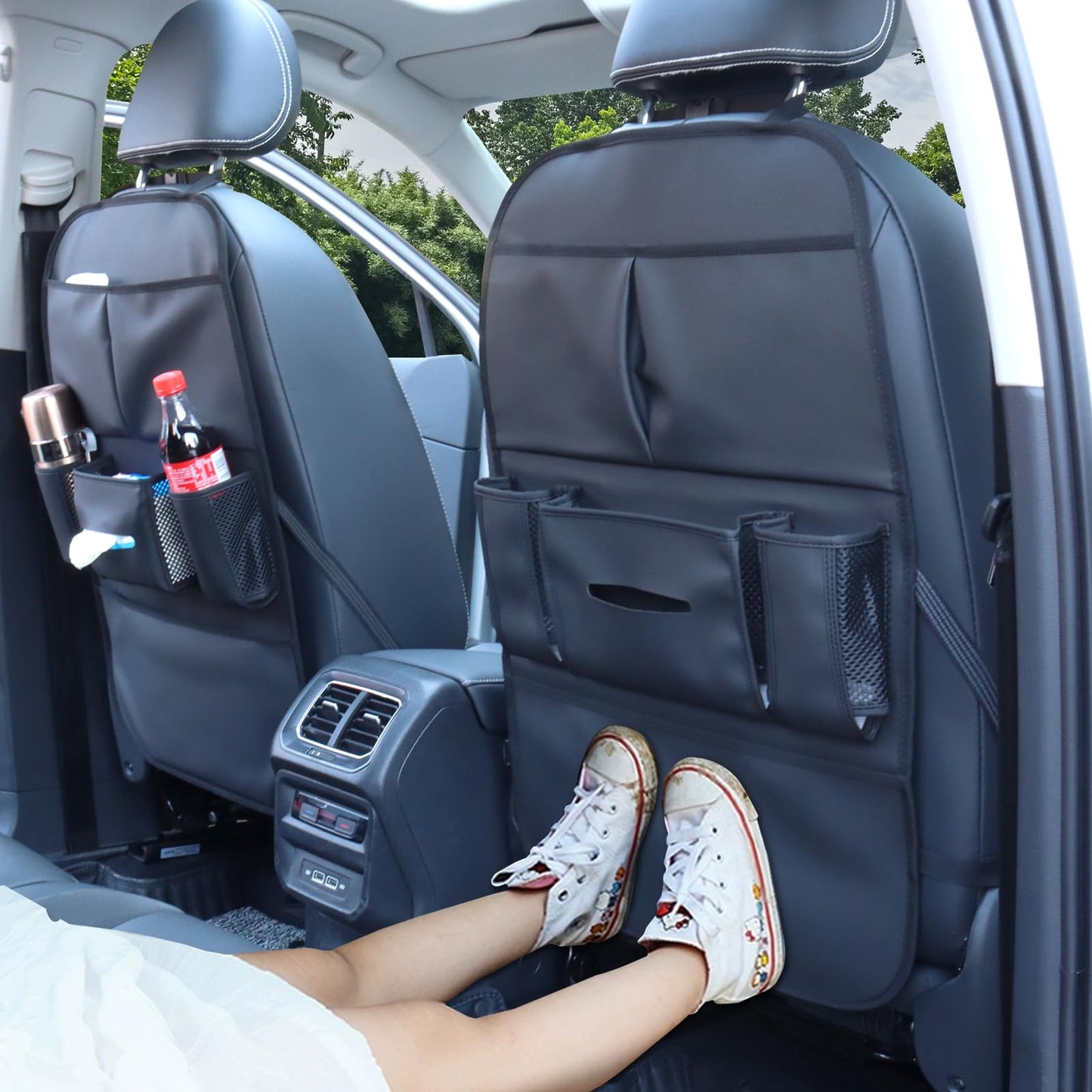pefirst Car Backseat Organizer for Kids, Car Back Seat Storage Bag With 3 Pockets, 2 Drinks Holders, Water Resistant, Kids Toy Storage Kick Mat Back Seat Protector for Toddlers (Black 1-Pack)