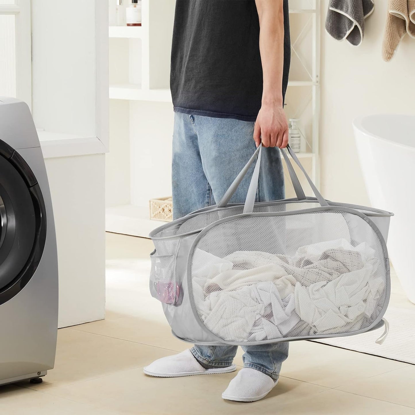Collapsible Mesh Pop Up Laundry Basket with Durable Handles and Pockets, Portable, Foldable, Deluxe Clothes Hamper for Travel, Laundry Room, Dorm or Bathroom, Space Saving Organizer, Grey, 3 Pack…