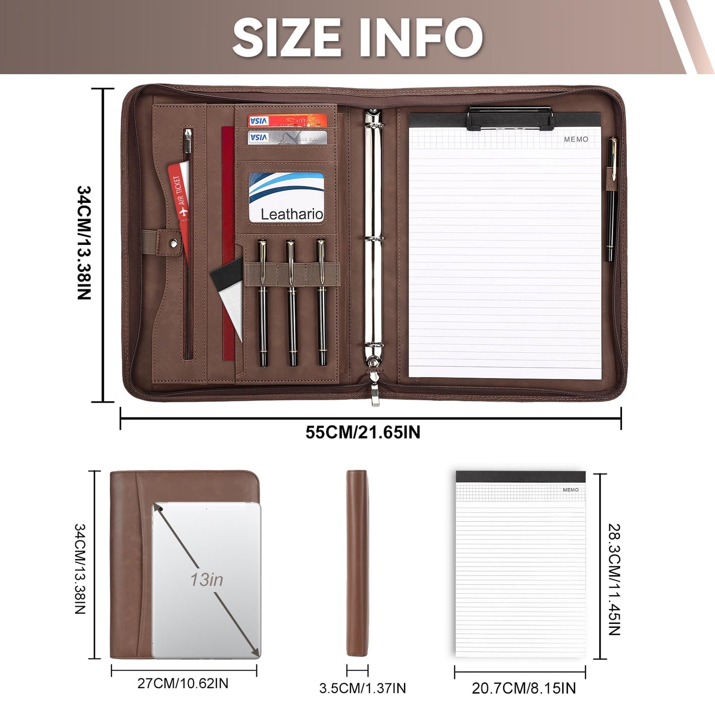 Leathario Portfolio Folder, Vegan Leather 3-Ring Binder, Includes 10 Clear Sheet Protectors and a Pen, Multi-Pocket A4 Padfolio for Tablets, Files and Business Documents, Office Supplies