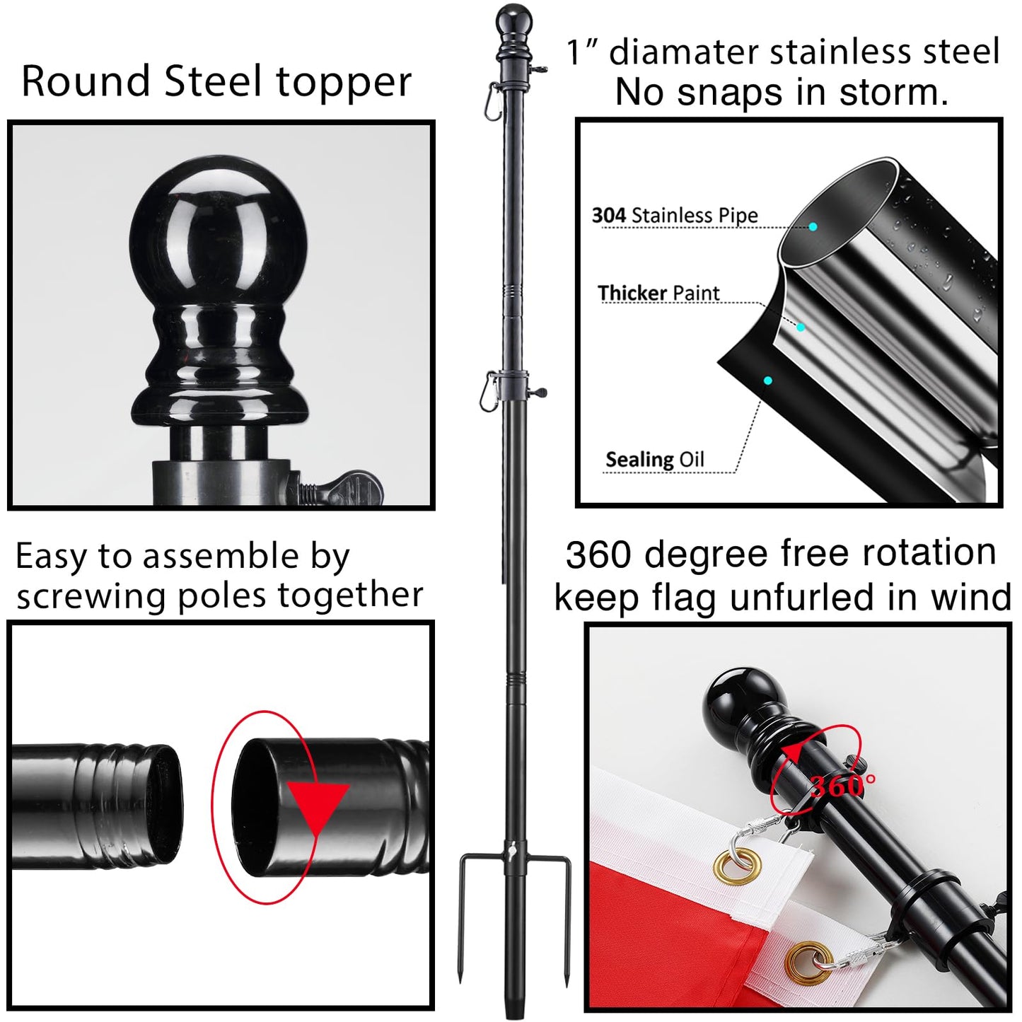 Ground Flag Poles for Outside House inground 2 Pack, 90 inch Black Heavy Duty Flag Pole Kit with 3x5ft Canada Flag, 2 Pronges Base and Tangle Free Flagpole Rings for Outdoor