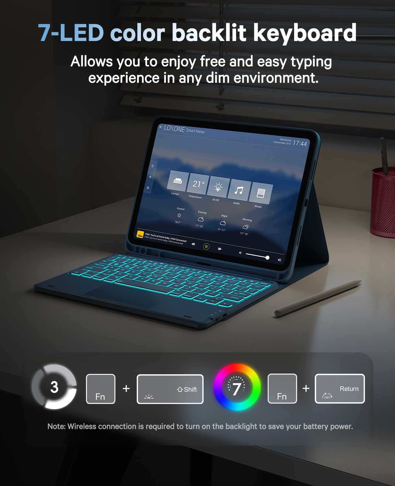 CHESONA Keyboard Case for iPad (A16) 11th 2025/10th Generation 10.9-inch 2022, 7 Color Backlight, Smart Trackpad, Flip Stand Case with Pencil Holder, 2 Wireless Channels for iPad 11th/10th, Steel Blue