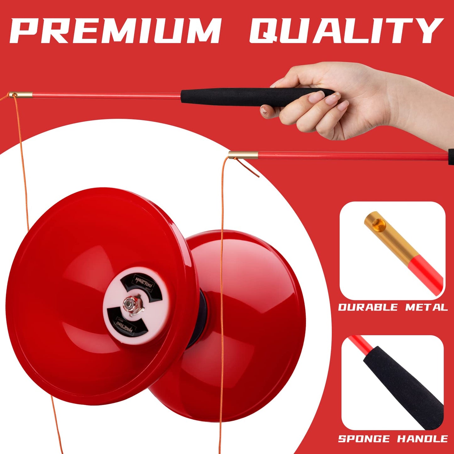 MAGICYOYO Diabolo Pro Triple Bearing, High Performance Red Chinese Yoyo Ball Toy Medium Size 5' with Extra 2 Pair Carbon Sticks + 1 Net Bag + 2 Diabolo Strings, Ideal Gift for Kids & Adults