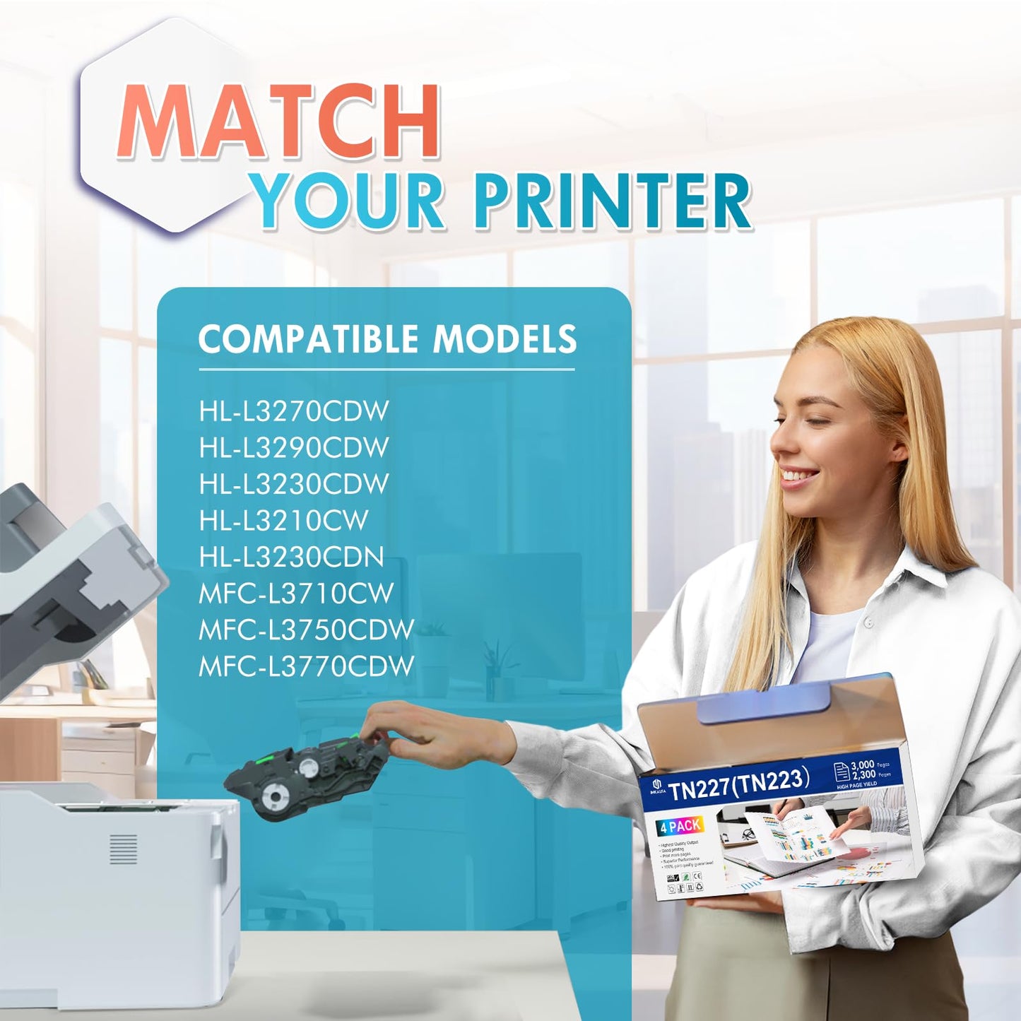 Inkalfa Compatible TN227 Toner Cartridge: Replacement for Brother TN227 TN223 TN-227 TN-223 TN227BK TN-227BK/C/M/Y High Yield for MFC-L3770CDW HL-L3290CDW MFC-L3710CW HL-L3270CDW L3750CDW Printer