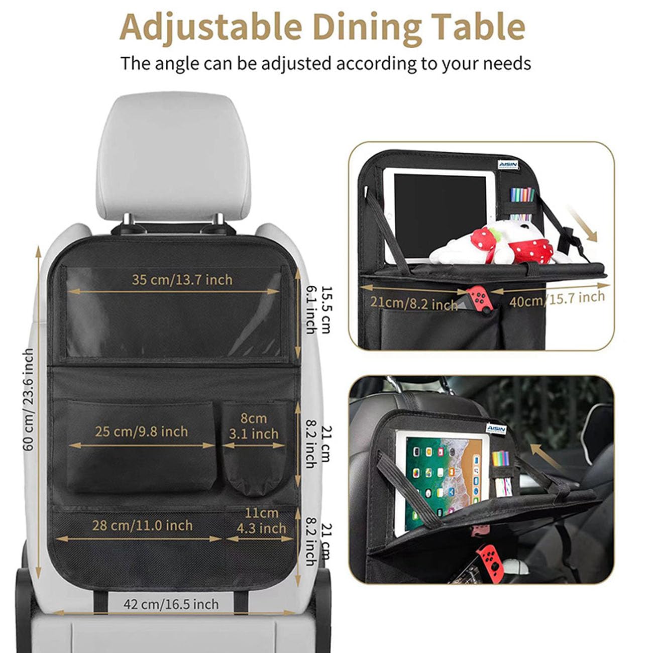Meirenda 2 Pack Car Backseat Organizer with Foldable Food Tray, Multi-Pocket Multifunctional Hanging Car Storage Organizer Bag with Tablet Holder, Kids Car Kick Mats Seat Back Protector for Travel