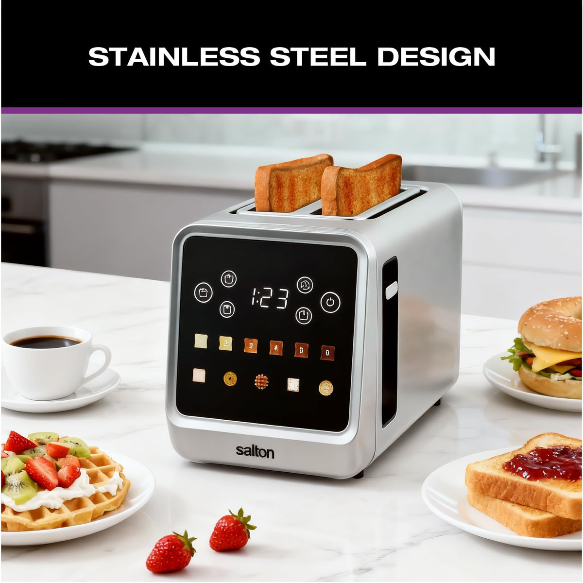 Salton Touchscreen Toaster | 2 Slice Digital Toaster | Intuitive Touch Controls | 6 Precise Shade Settings | Memory & Single Slice Functions | Removable Crumb Tray | Anti-Jam Safety Shut-Off