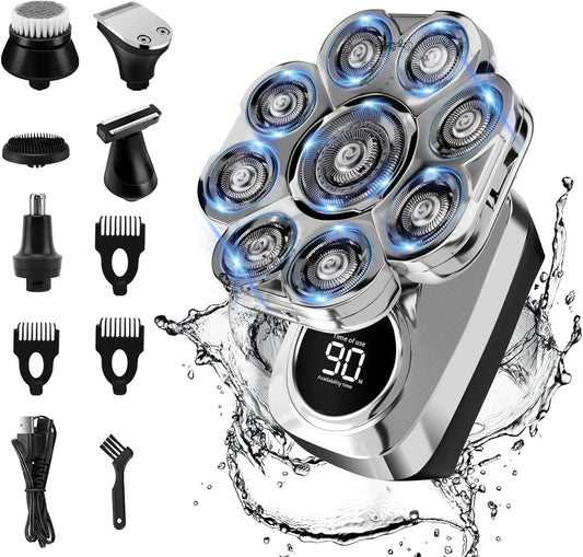 9D Head Shavers for Bald Men: Upgraded 6 in 1 Detachable Bald Head Shavers with LED Display - Wet/Dry Electric Razor for Men - Travel Lock Electric Shaver Grooming Kit with Type-C Charge