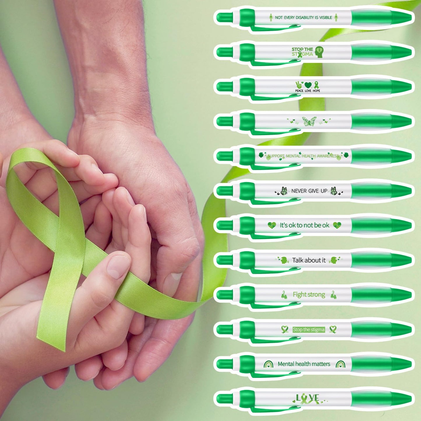 Ctosree 120 Pcs Mental Health Awareness Pens Gifts Bulk 12 Style Green Ribbon Retractable Gel Pens Black Ink Mental Health Awareness Accessories Favors Items for Office Charity Stuffers