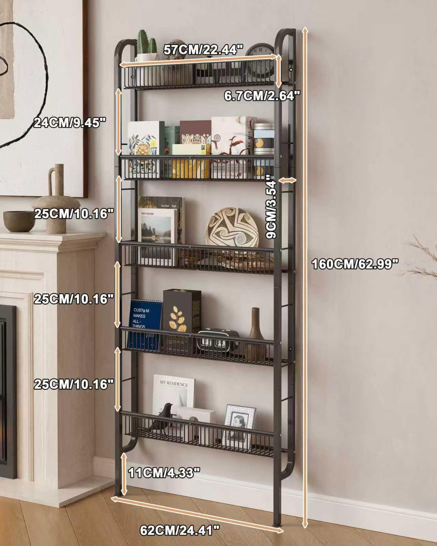 UMDONX Narrow Metal Storage Shelf Behind Door Organizer 5 Tier, Bookshelf Bookcase Book Rack Bathroom Shelving Unit Multifunctional (Black 62x9x160cm)