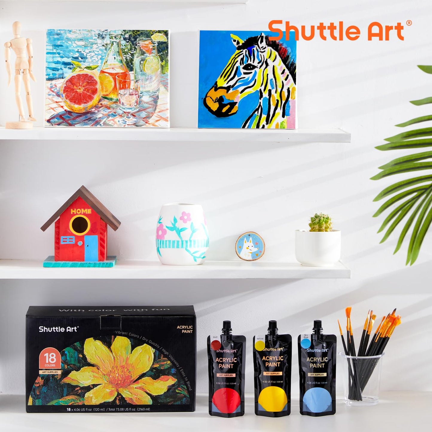 Shuttle Art Acrylic Paint, 18 Colors Acrylic Paint Pouches (120ml/4.06oz), Artist Grade Acrylic Paint Set, Rich Pigments, Non-Toxic for Artists, Beginners and Kids on Rocks Crafts Canvas Wood Ceramic