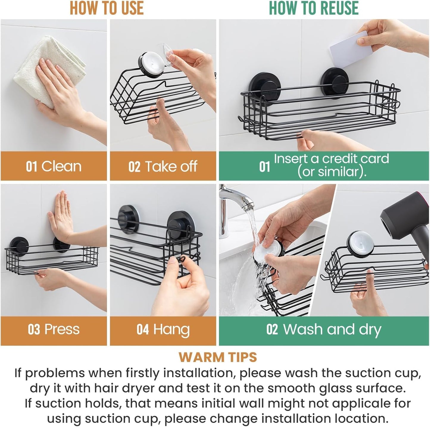 LEVERLOC Shower Caddy Suction Cup, 2 Pack Shower Shelf with Hooks and Soap Holder, NO-Drilling Bathroom Organizer, Rustproof Metal Bathroom Storage and Organization - Black