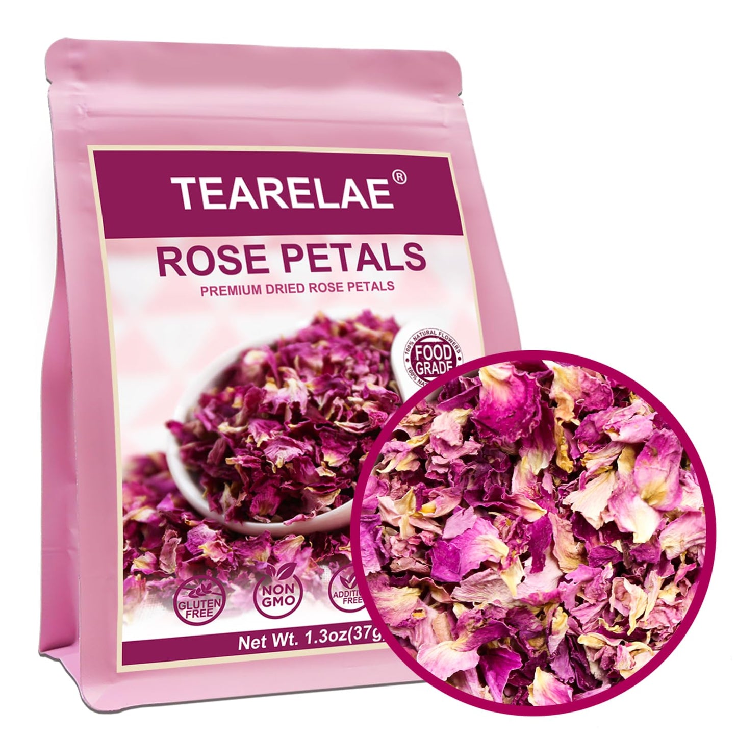 TEARELAE - Dried Rose Petals - 1.3oz/37g - Top-Grade Pure Natural Edible Rose Flowers - Use for Tisanes, Baking, Candle Making, Soap Making and Handicraft