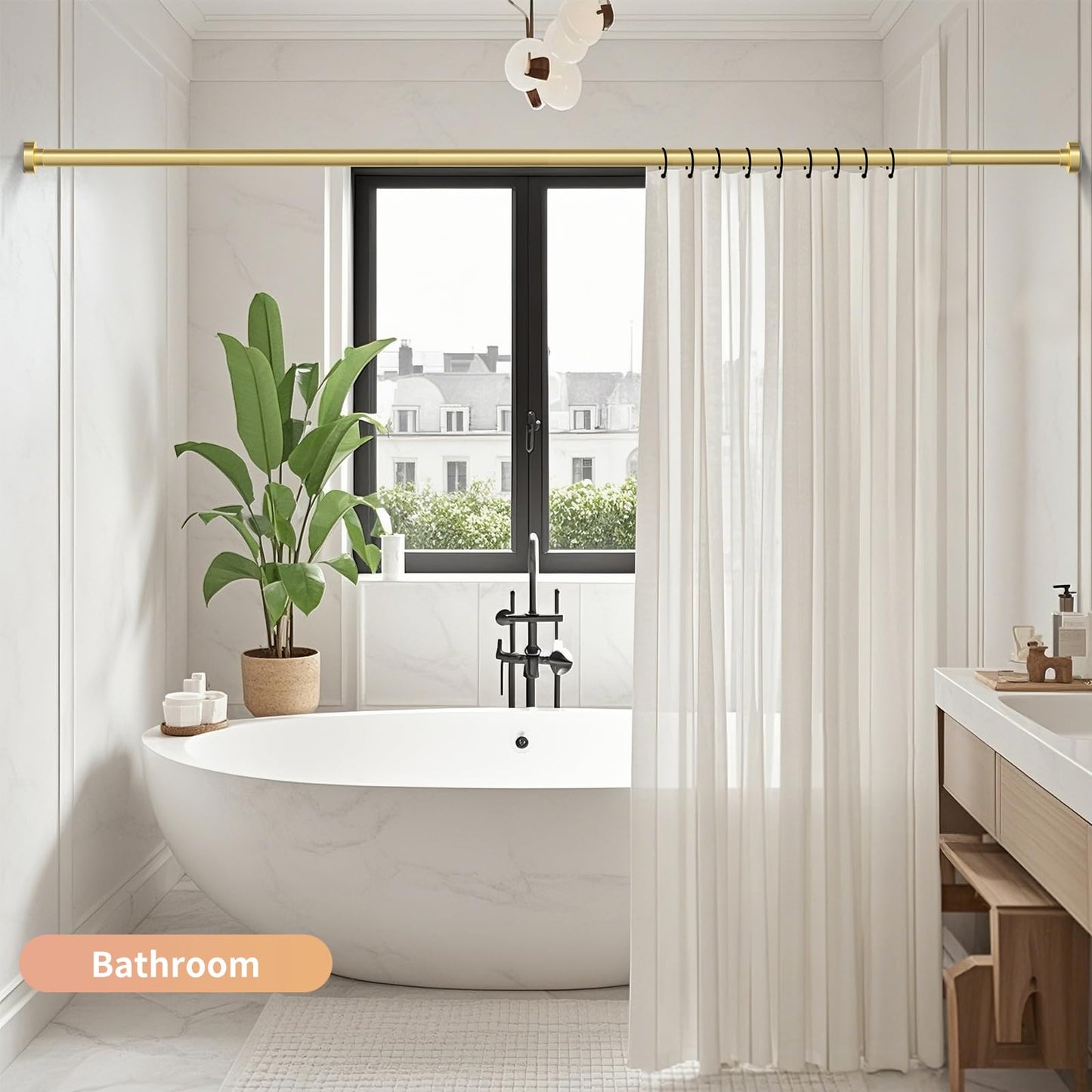 Emlaoe Gold Shower Curtain Rod 34-82 Inches(2.8-6.8ft) Never Rust Adjustable Shower Rod Spring Tension Non Slip No Drilling Shower Rods for Bathroom Garland Window