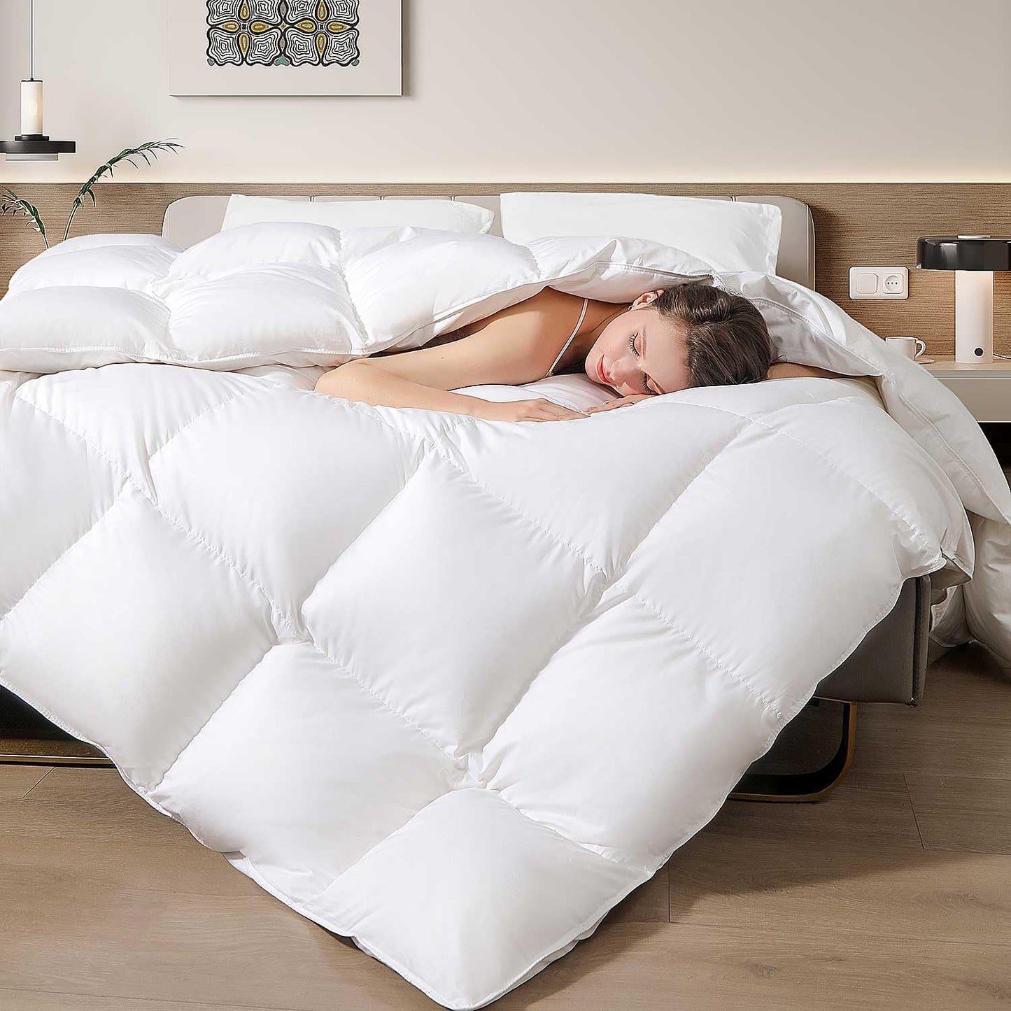 Mosluna Feather Down Comforter Queen Size, 100% Cotton Shell All Season Duvet Insert, Luxury Hotel Bedding Comforters Cozy Ultra Soft Feather Blanket with 8 Corner Tabs, White (90 x 90 Inch)