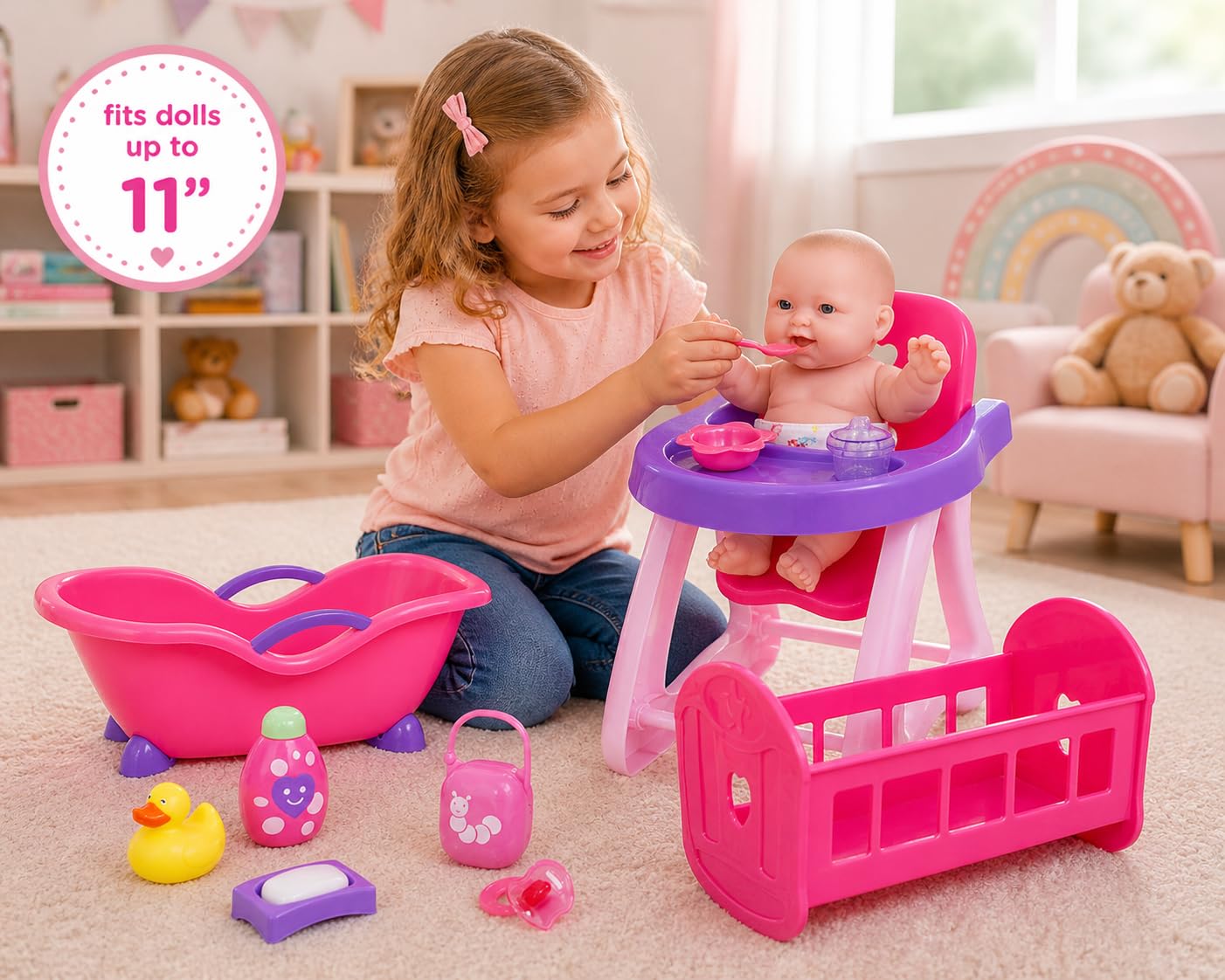 JC Toys Deluxe Doll Accessory Bundle | High Chair, Crib, Bath and Extra Accessories for Dolls up to 11" | Fits 11" La Baby & Other Similar Sized Dolls