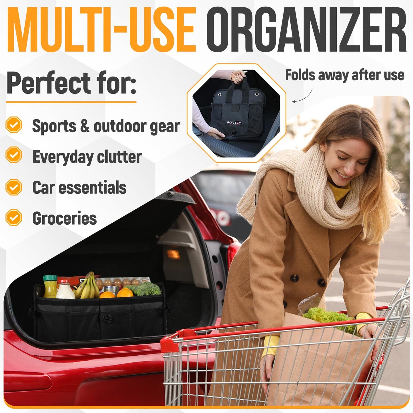 FORTEM SUV Trunk Organizer, Car Organizer, Collapsible Multi-Compartment Storage Bag for Car Accessories for Women Men, 1680D Oxford, Non Slip Bottom, Adjustable Straps, Soft Cover (65L)