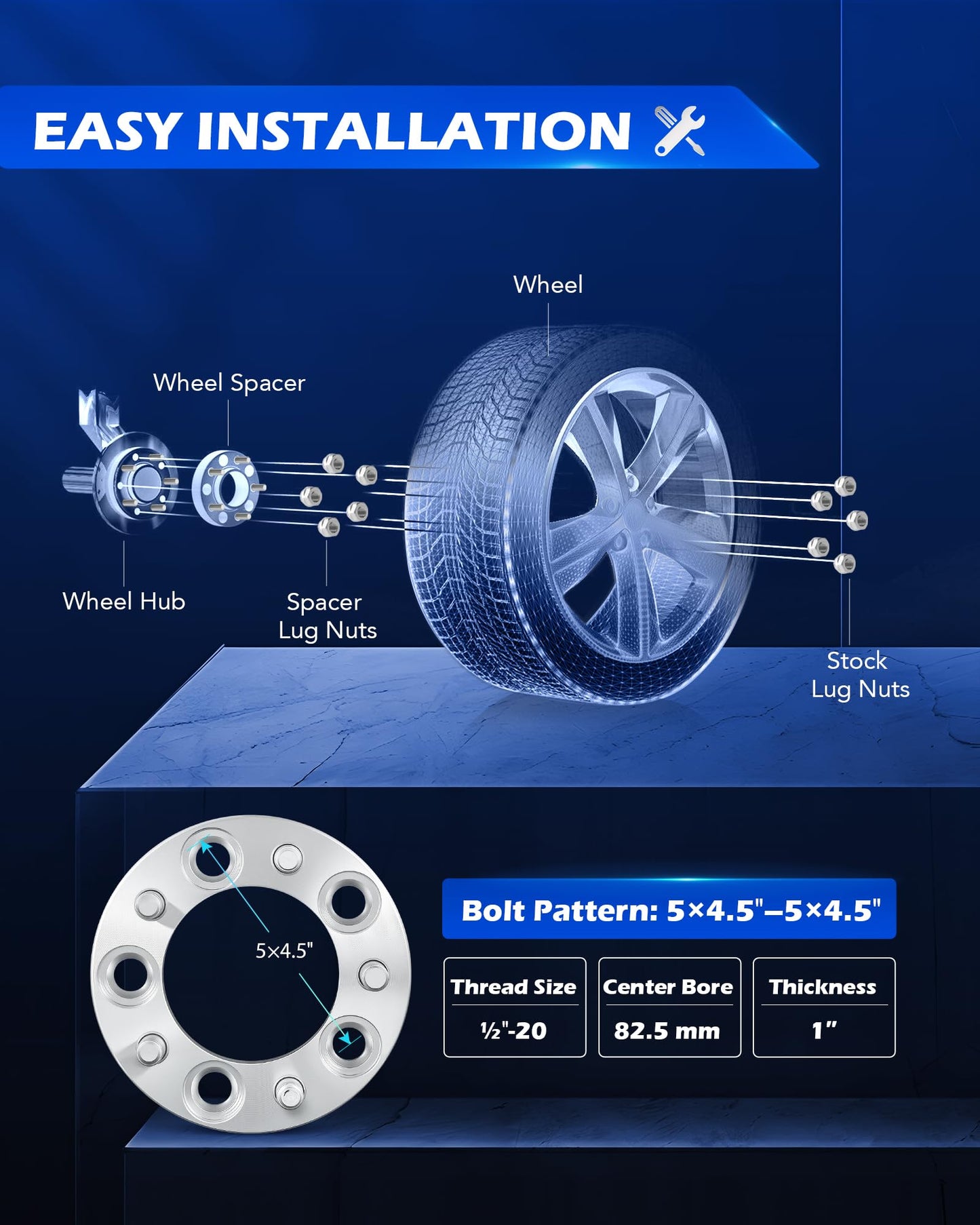 Orion Motor Tech 5x4.5 Wheel Spacers, 1 Inch Spacers with 1/2-20 Studs Compatible with Jeep Wrangler TJ YJ Grand Cherokee Ford Explorer Mustang Ranger, 82.5mm Center Bore Wheel Spacer Kit Set of 2