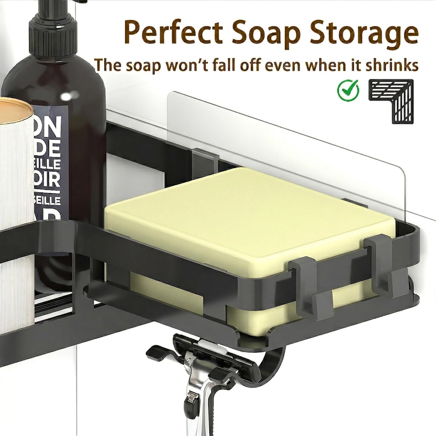 Gabeeriso Shower Caddy Corner, Bathroom Organizers Soap Holder Shower Shelves 2-in-1, Bathroom Shelves with 18 Hooks, Rust-Resistant Adhesive Shower Shelf No Drilling. (L-Shaped Black 3-Pack)