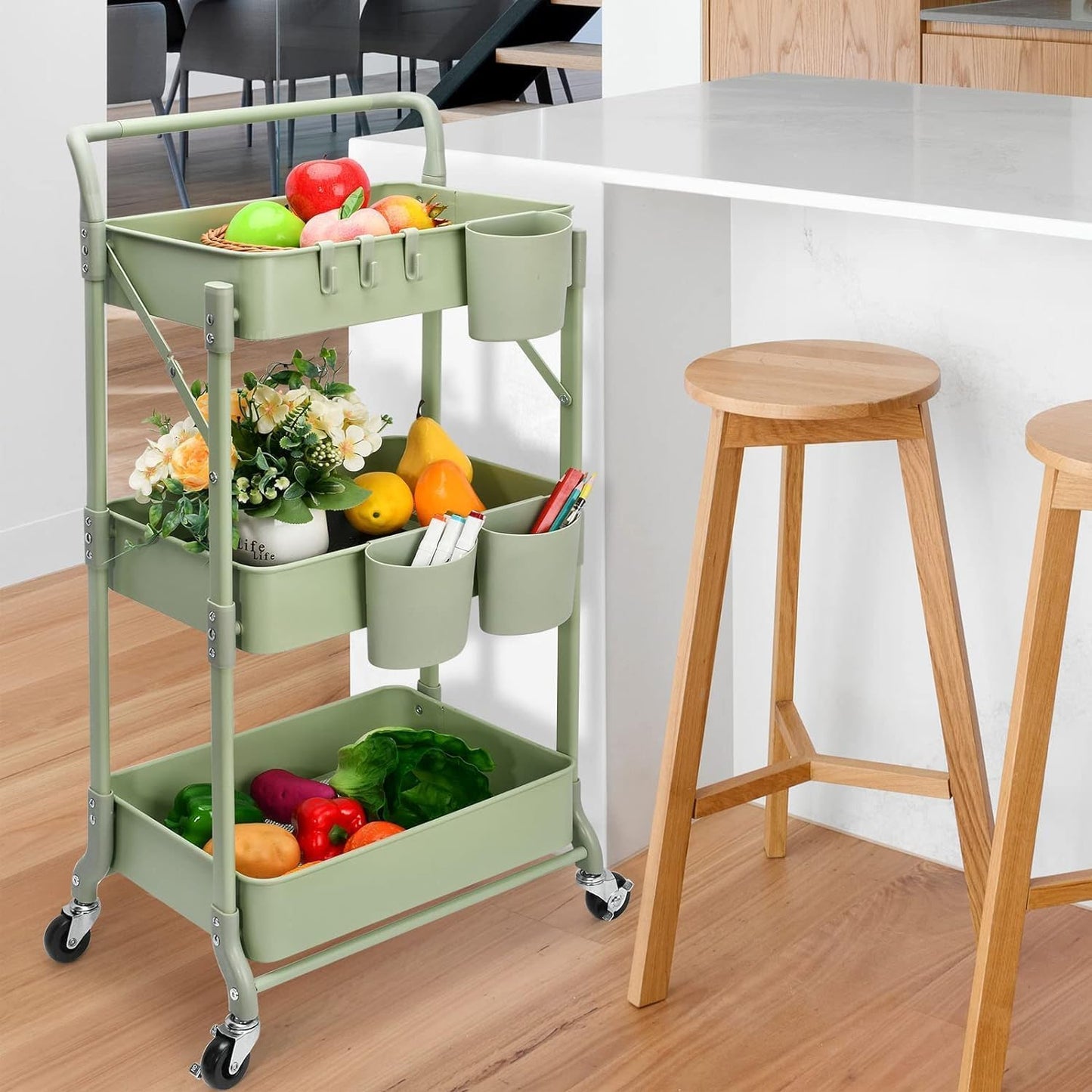 johgee Foldable 3 Tier Rolling Cart, Folding Metal Utility Cart, Mobile Multi-Function Storage Trolley Organizer Cart for Home Library Office(Green)