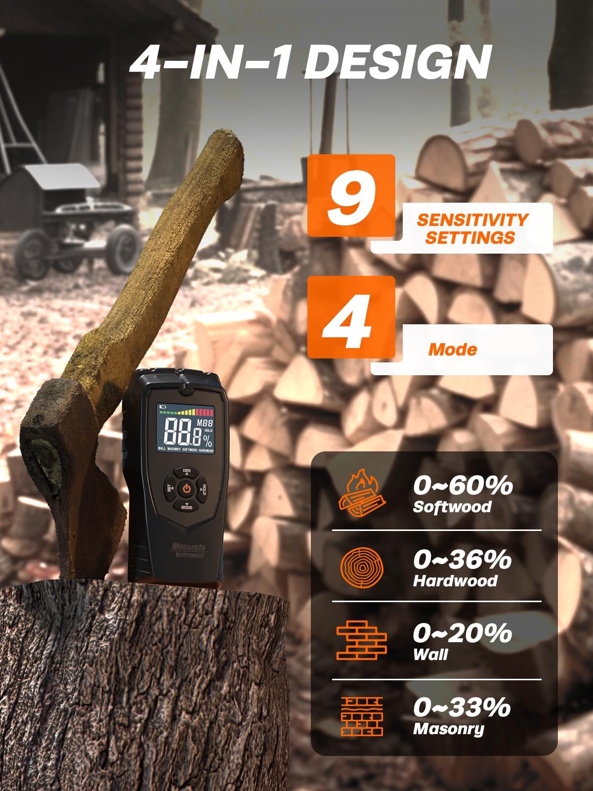 Pinless Moisture Meter, Moisture Detector for Walls, Caravan, Wood and Building Material, 4 Mode 9 Density Settings, Non-Destructive Moisture Detector with Backlit LCD and Alerts