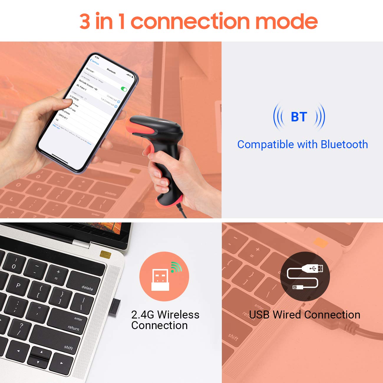 Tera 1D 2D QR Wireless Barcode Scanner Work with Bluetooth & 2.4GHz Wireless & USB Wired Connection Fast and Precise Scanning Image Bar Code Reader with Vibration Alert for Supermarket Store HW0002-O