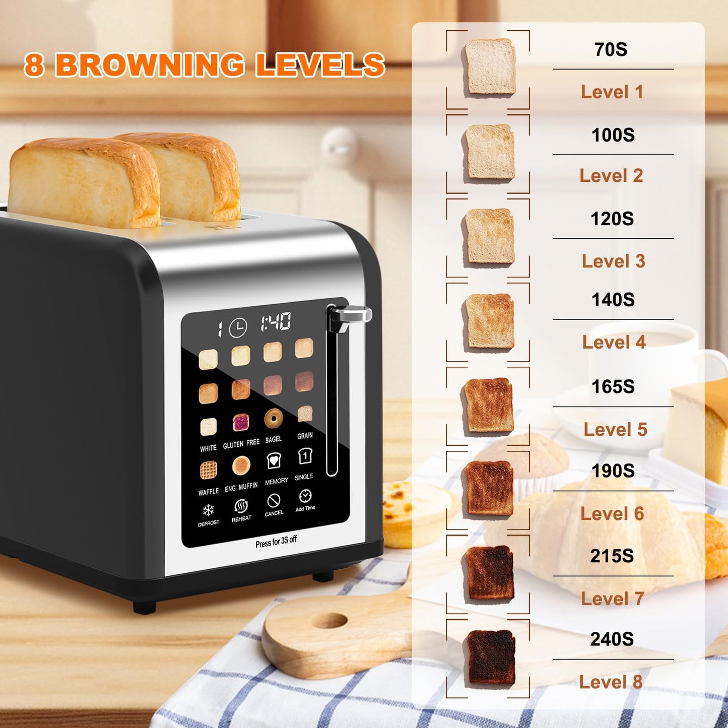 2 Slice Toaster Touch Screen, Stainless Steel Toasters Digital Timer 2 Slot Toasters, 8 Shade Settings 6 Bread Types for Bagel, Cancel, Defrost (Black)
