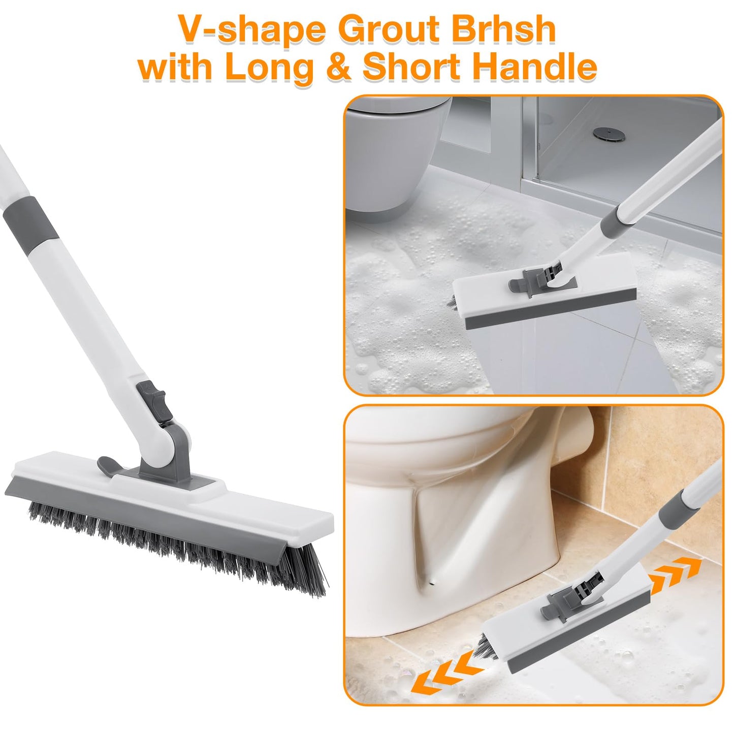 4 in 1 Shower Scrubber Cleaning Brush, Tub and Tile Scrubber with Long Handle, Grout Brush Stiff Bristles Scrub Sponge Brushes Microfiber Pad, for Toilet Bathroom Kitchen Wall Floor Glass Bathtub Sink