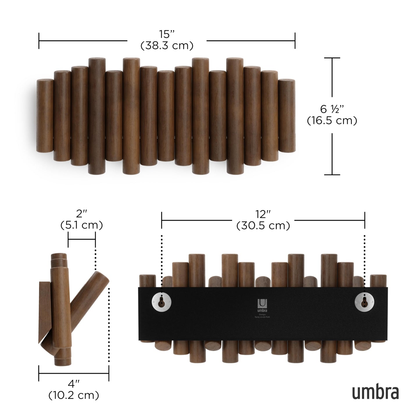 Umbra Picket Wall-Mounted Coat Rack Rail Hook with 5 Retractable Wood Pegs – Modern, Space-Saving Storage Organizer, Walnut