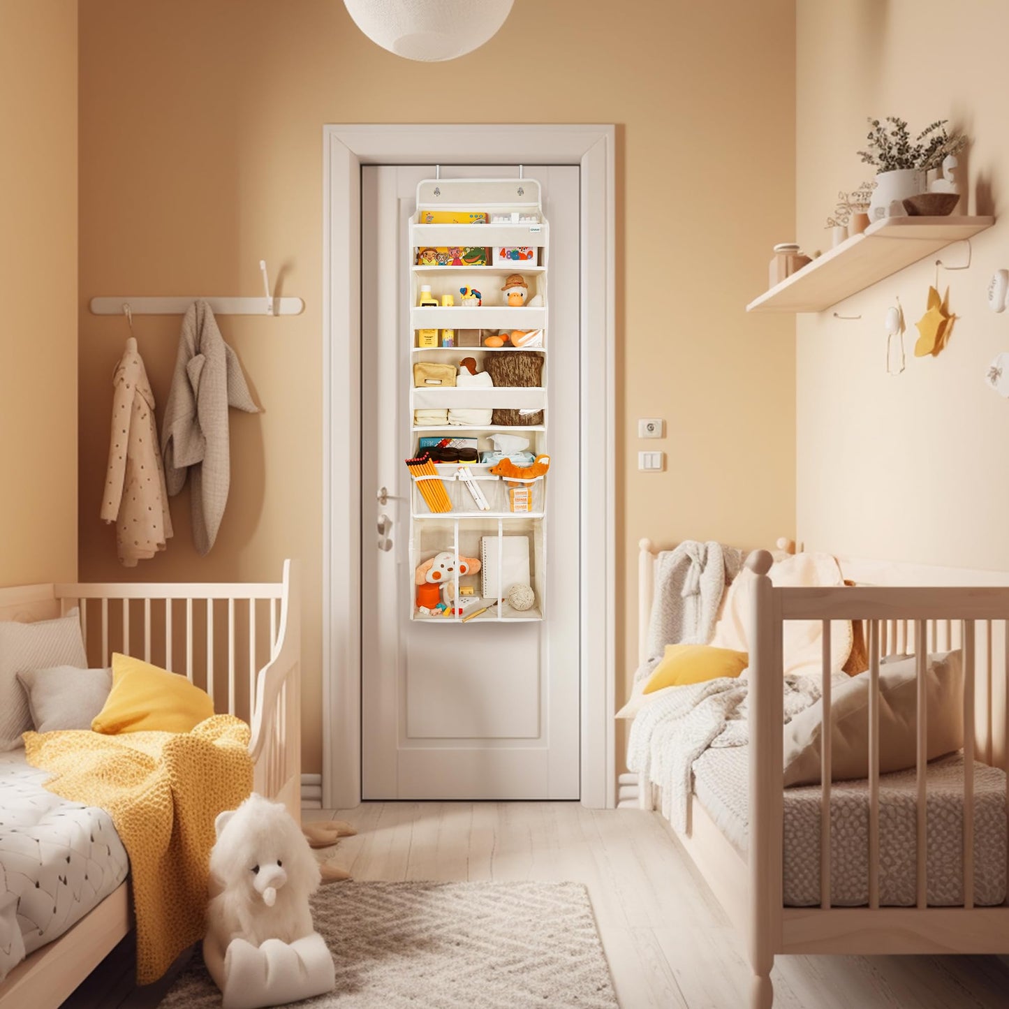 Door Hanging Storage Organizer,with 3 Bins 1 Movable Baby Diaper Caddy,1 Large capacity diaper stacking storage Organizer,10 Side Pockets,Bedroom Door Storage for Nursery Baby Essentials. (Beige)