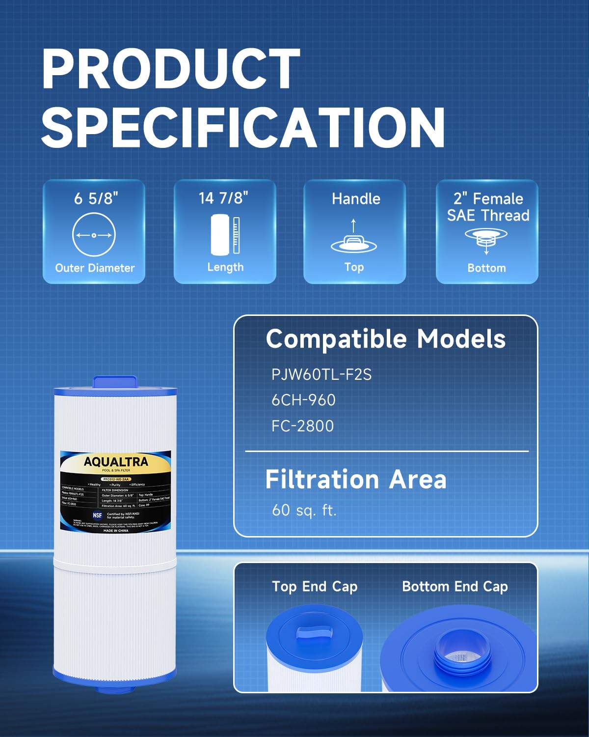 AQUALTRA 6CH-960 Spa Filter Replacement Compatible with PJW60TL-F2S, J-300, J400, FC-2800, 6 5/8”x 14 7/8”Screw in Hot Tub Filter with Closed Handle (Not be Removed) 2 Pack